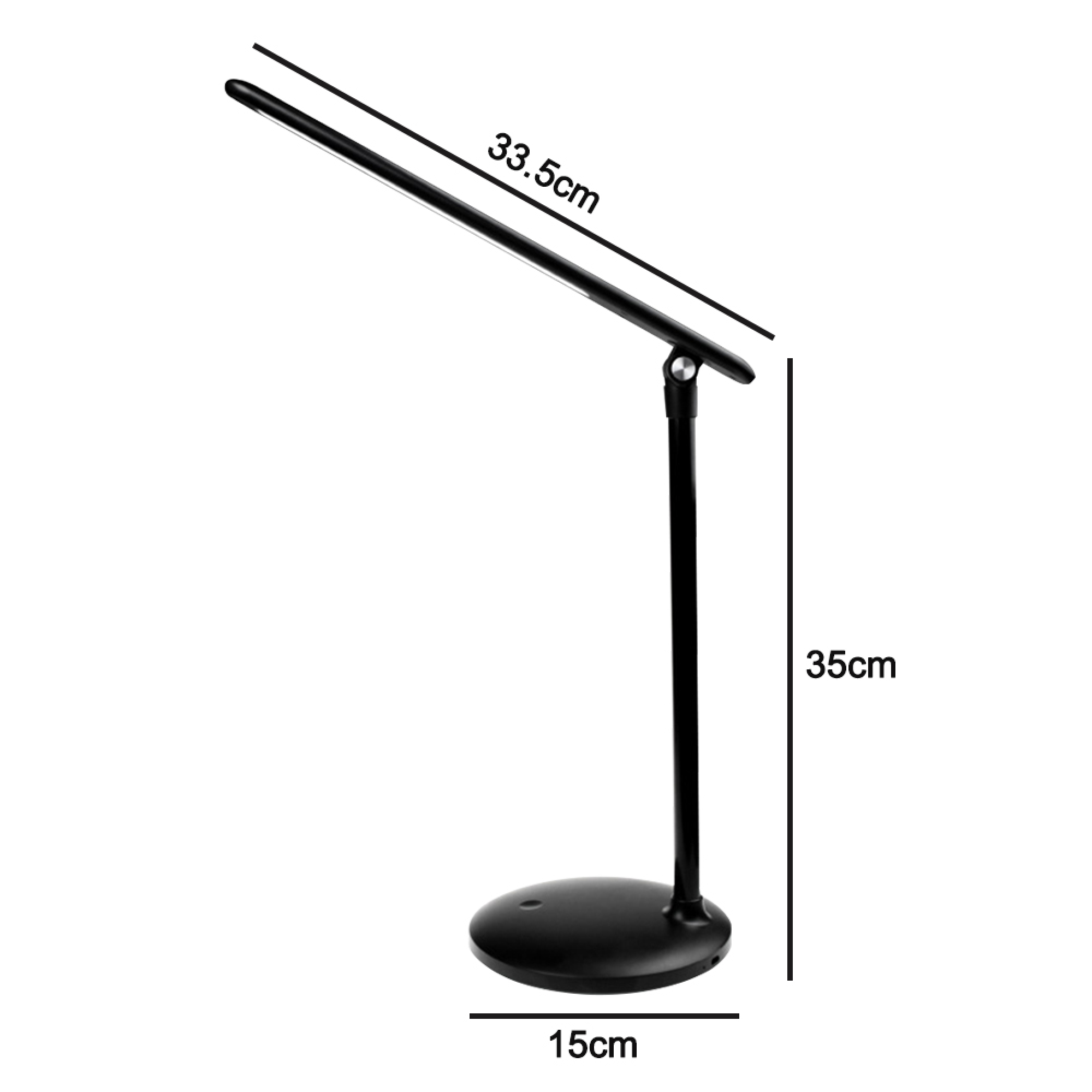 Schwarze Schreibtischlampe mit verstellbarem Arm und Sockel. Maße: 33,5 cm, 35 cm, 15 cm.