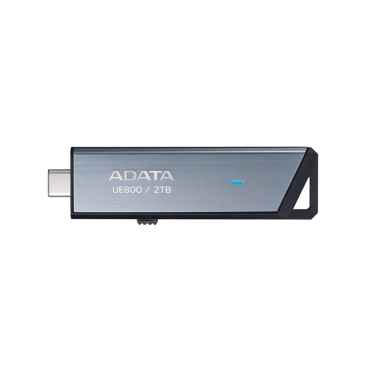 Grauer ADATA UE800 2TB USB-Speicherstick mit blauem Lämpchen.