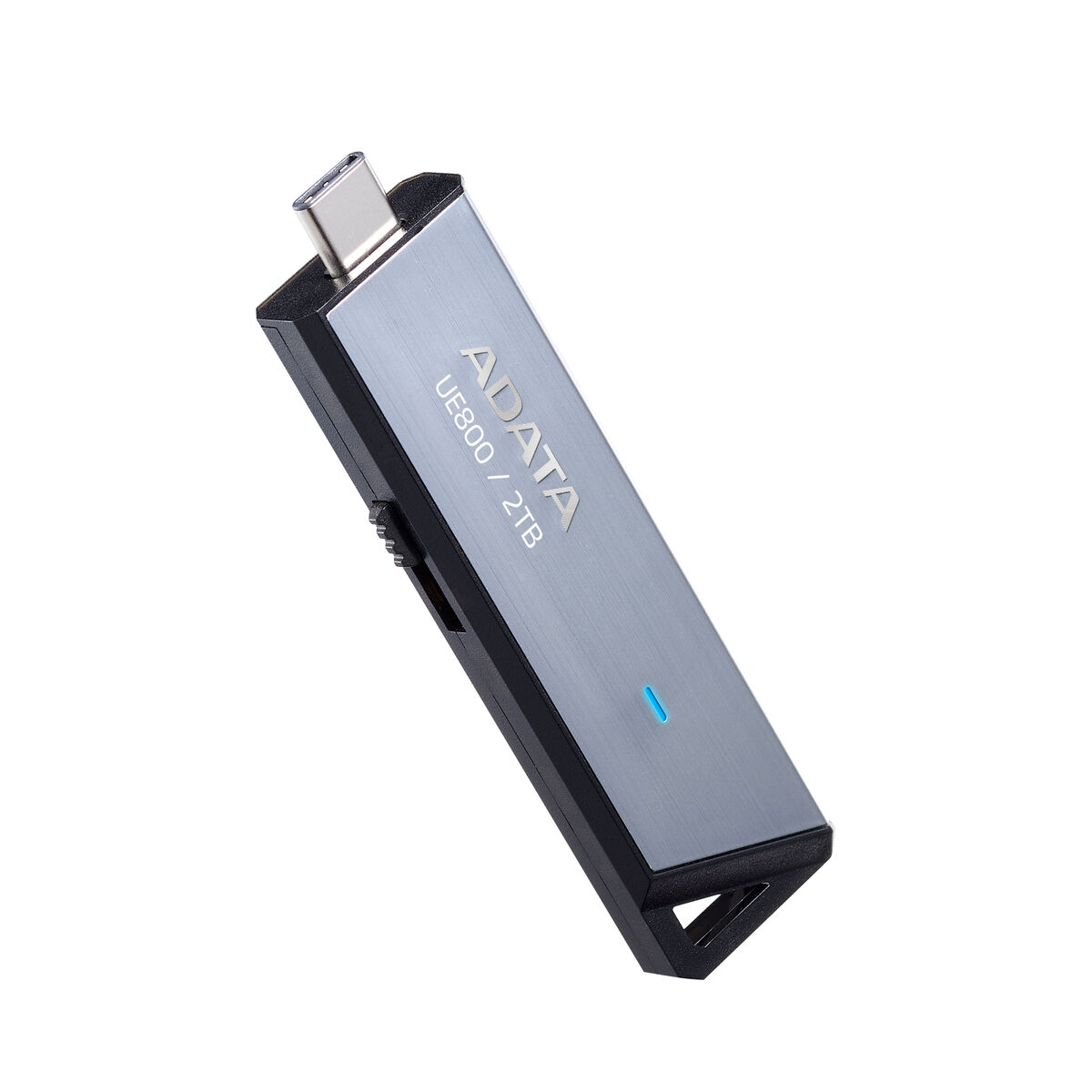 Grauer USB-Stick mit silbernem Anschluss und blauer LED.