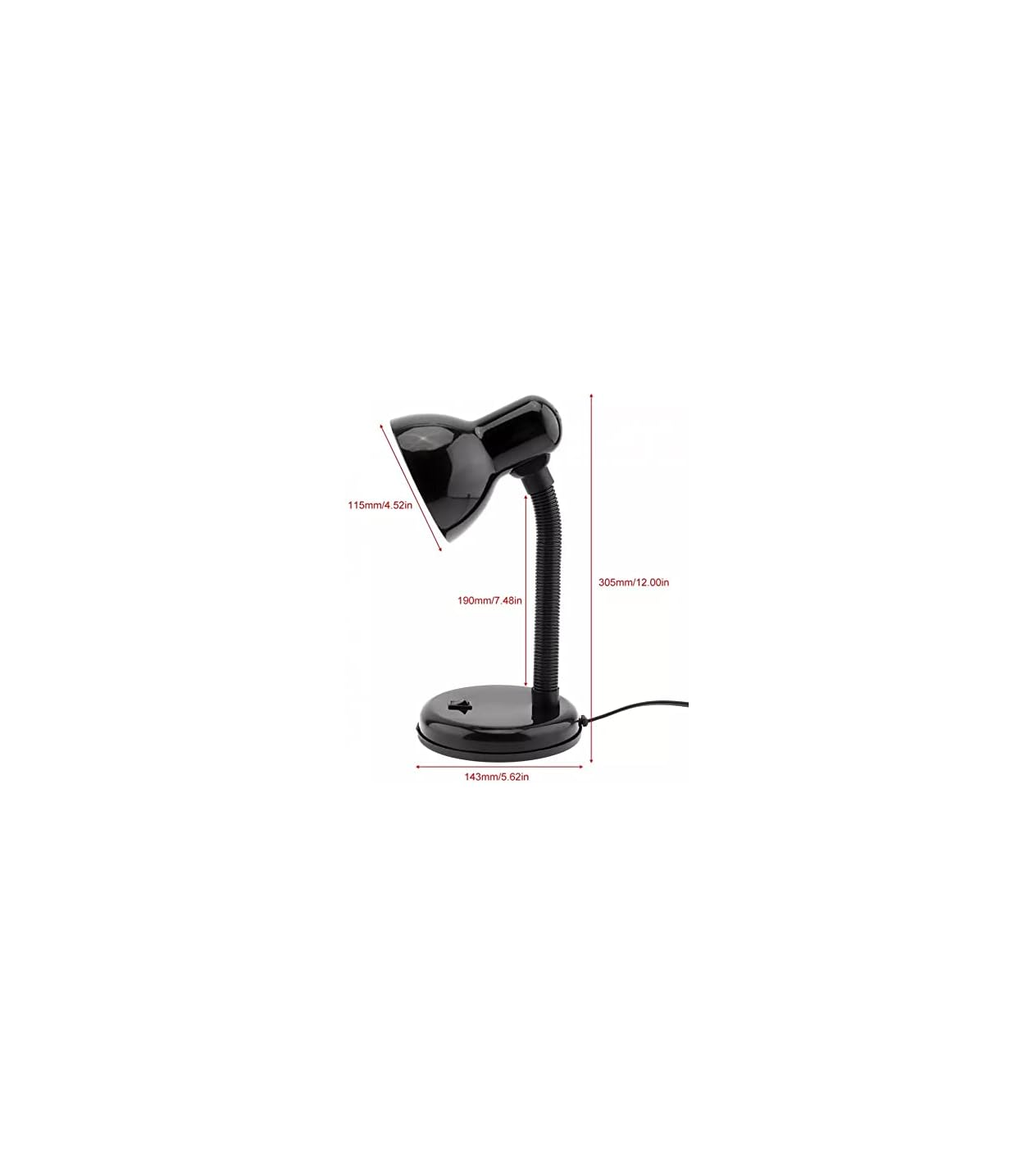 Schwarze Schreibtischlampe mit flexiblen Hals und runder Basis.