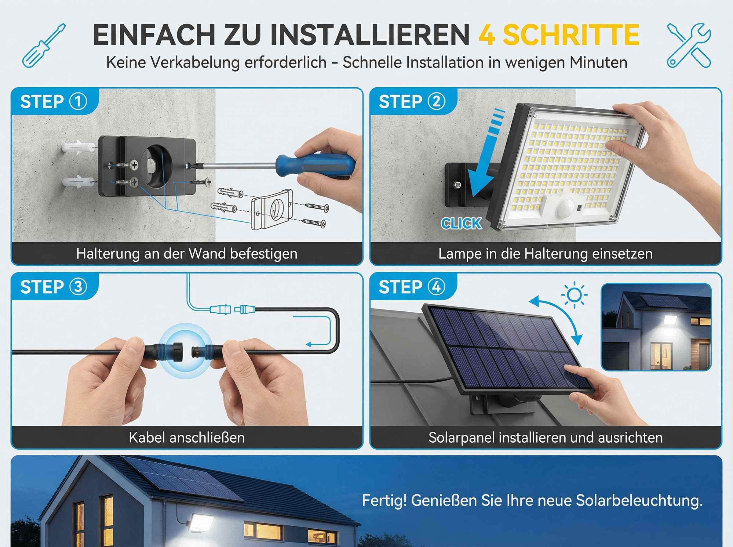 Anleitung zur einfachen Installation einer Solarleuchte in 4 Schritten.