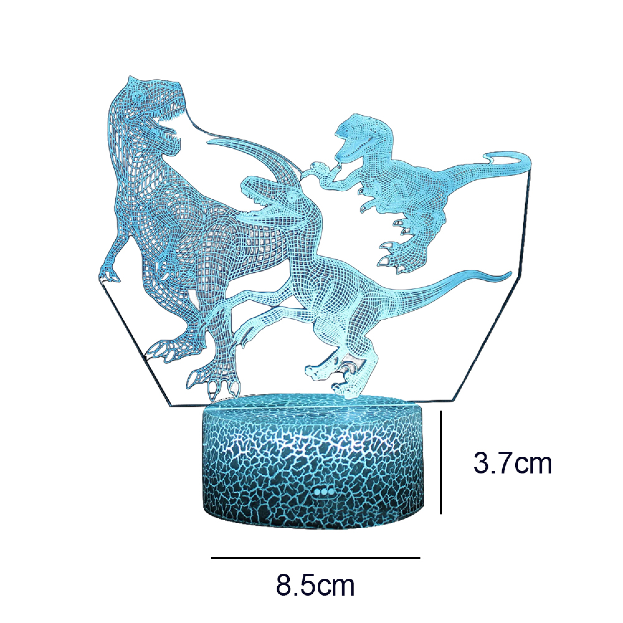 Ein leuchtendes 3D-Dinosaurier-Nachtlicht mit zwei Raptoren, blau beleuchtet.
