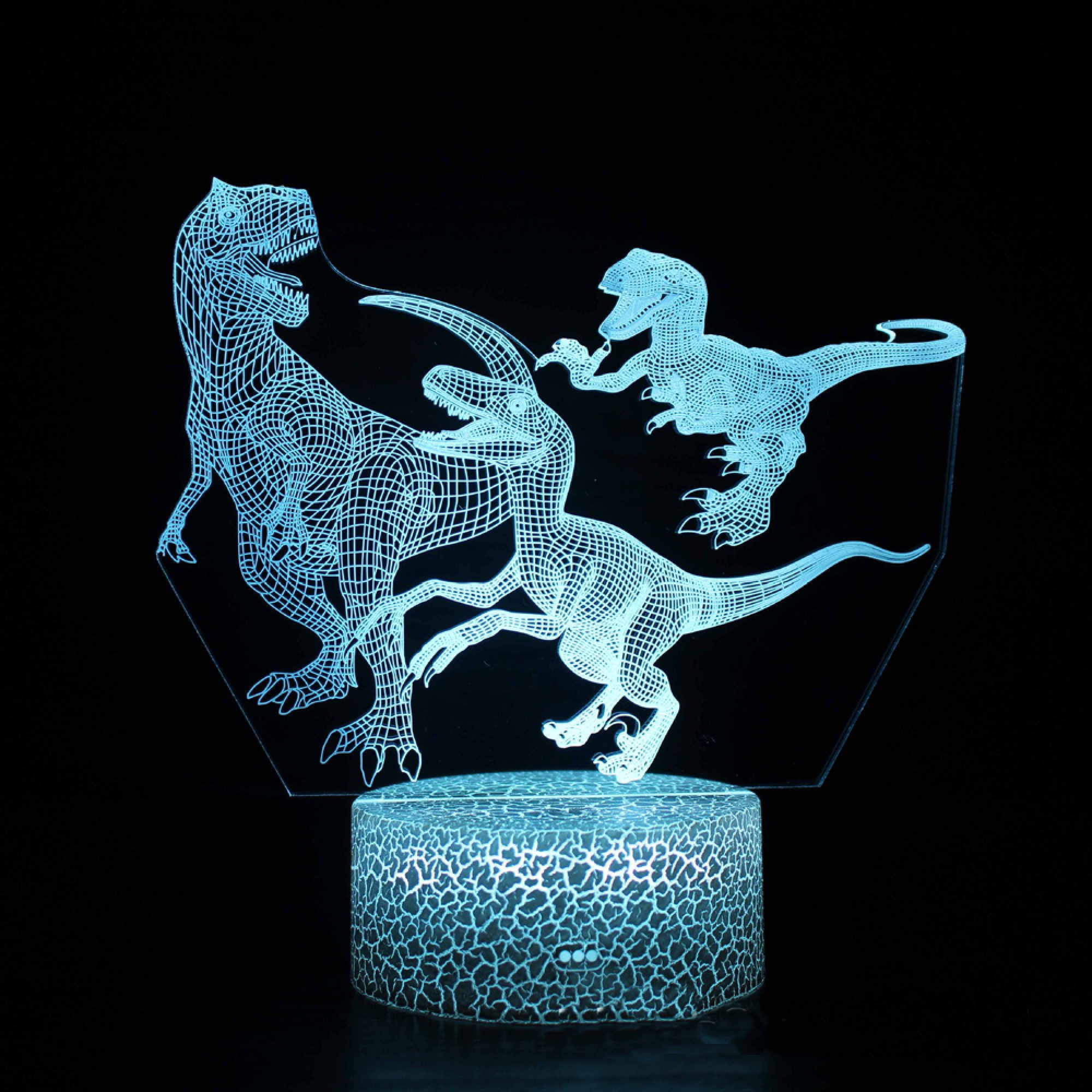 Eine blaue 3D-Lampe mit Dinosaurier-Motiv auf schwarzem Hintergrund.
