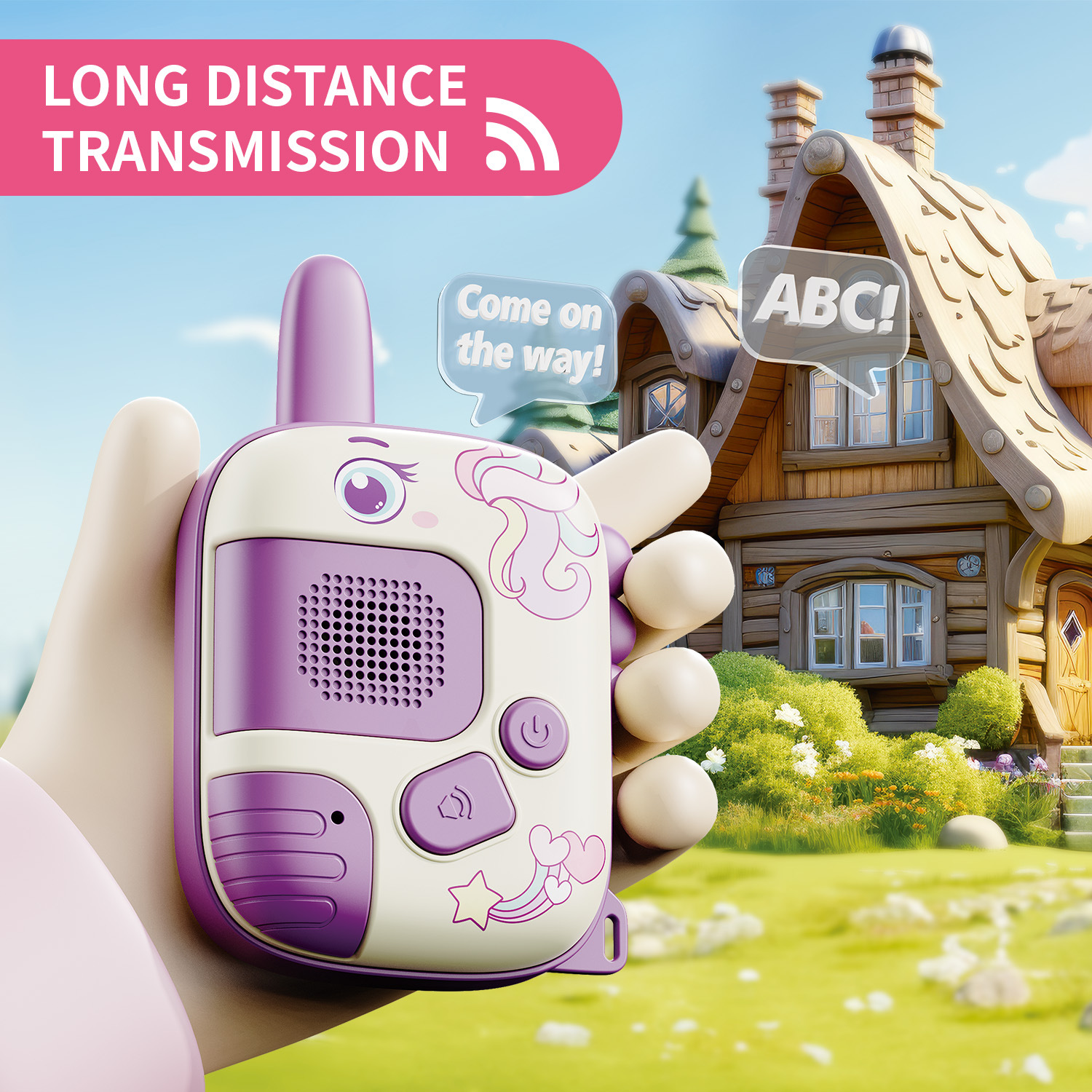 Lila Walkie-Talkie mit Einhorn-Design vor einem Märchenhaus.