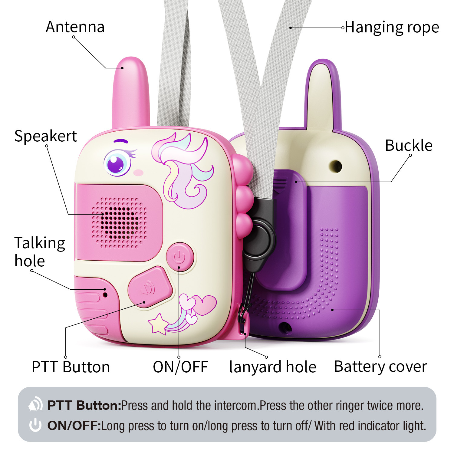 Pinke und lila Walkie-Talkies mit Einhorn- und Herzdesigns. Lanyard befestigt.