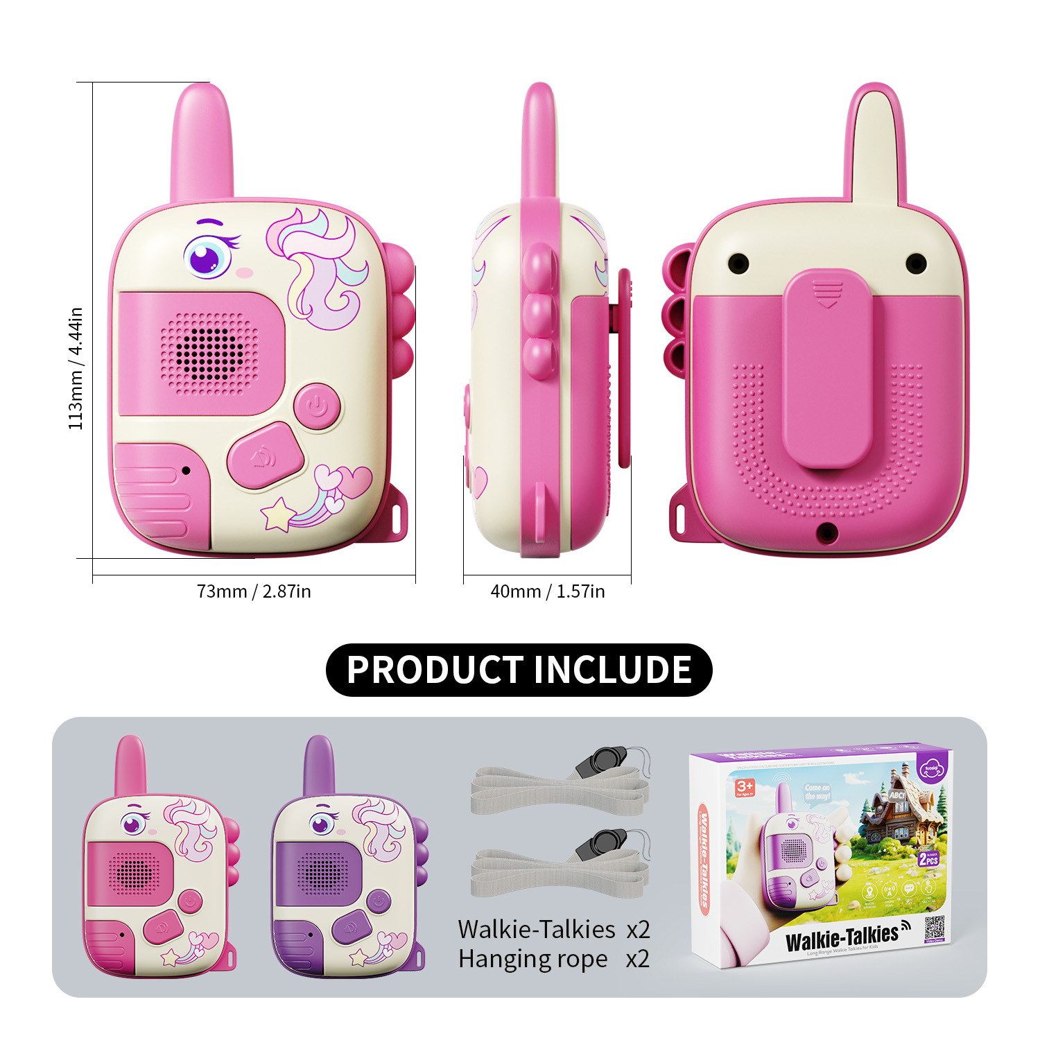 Ein Set pinker und violetter Walkie-Talkies mit Einhorn-Motiv, Zubehör und Verpackung.