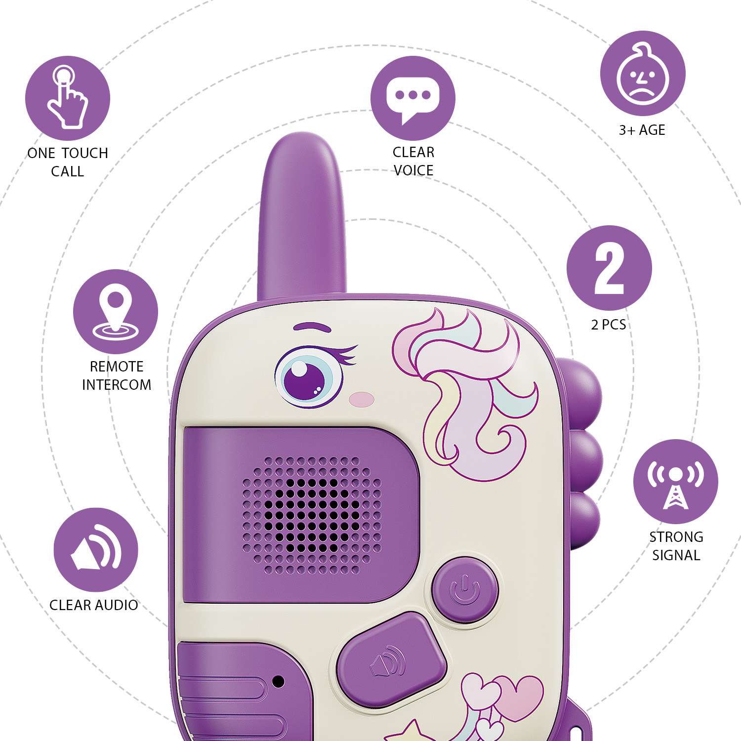 Lila Walkie-Talkie mit Einhorn-Design, Funktionen: Ein-Tasten-Anruf, klare Stimme, Fernsprechanlage.