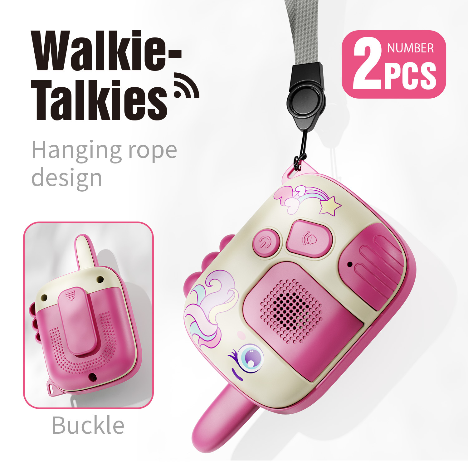 Zwei rosa und cremefarbene Walkie-Talkies mit Einhorn-Design, Aufhängeseil und Gürtelclip.
