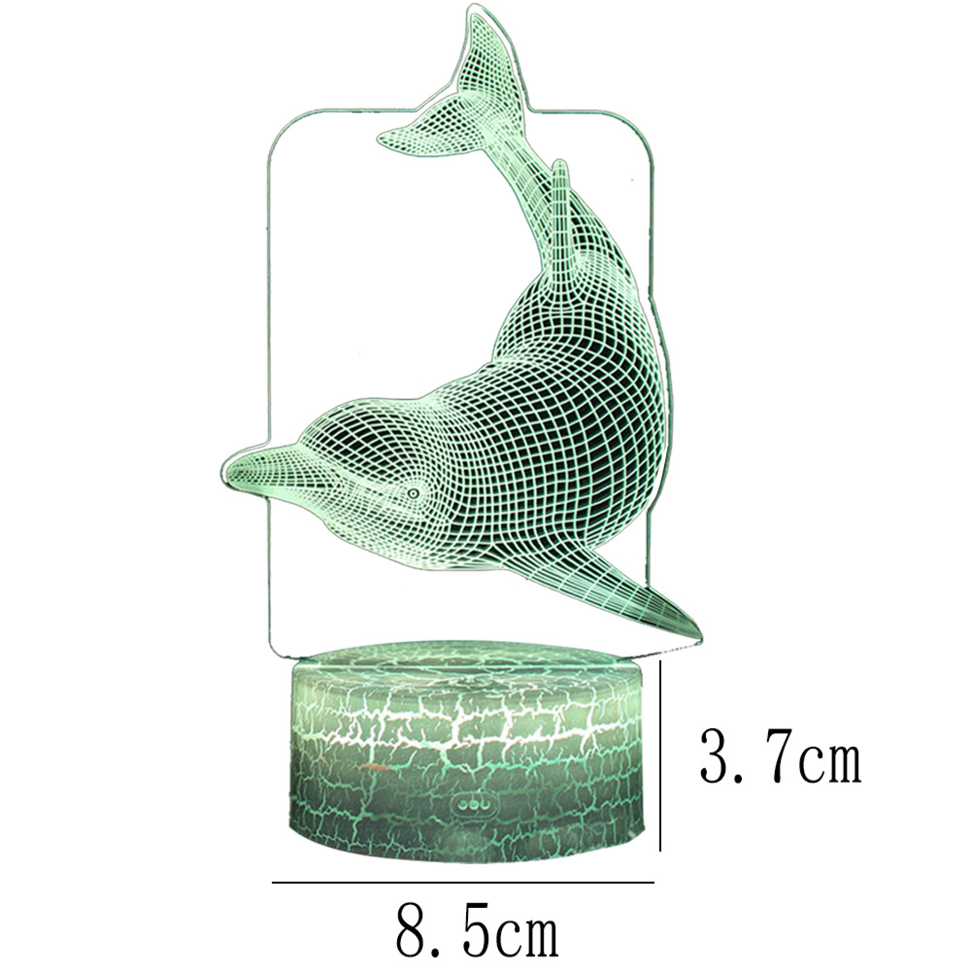 Grüne Delfinlampe mit geripptem Sockel, 8,5 cm breit, 3,7 cm hoch.