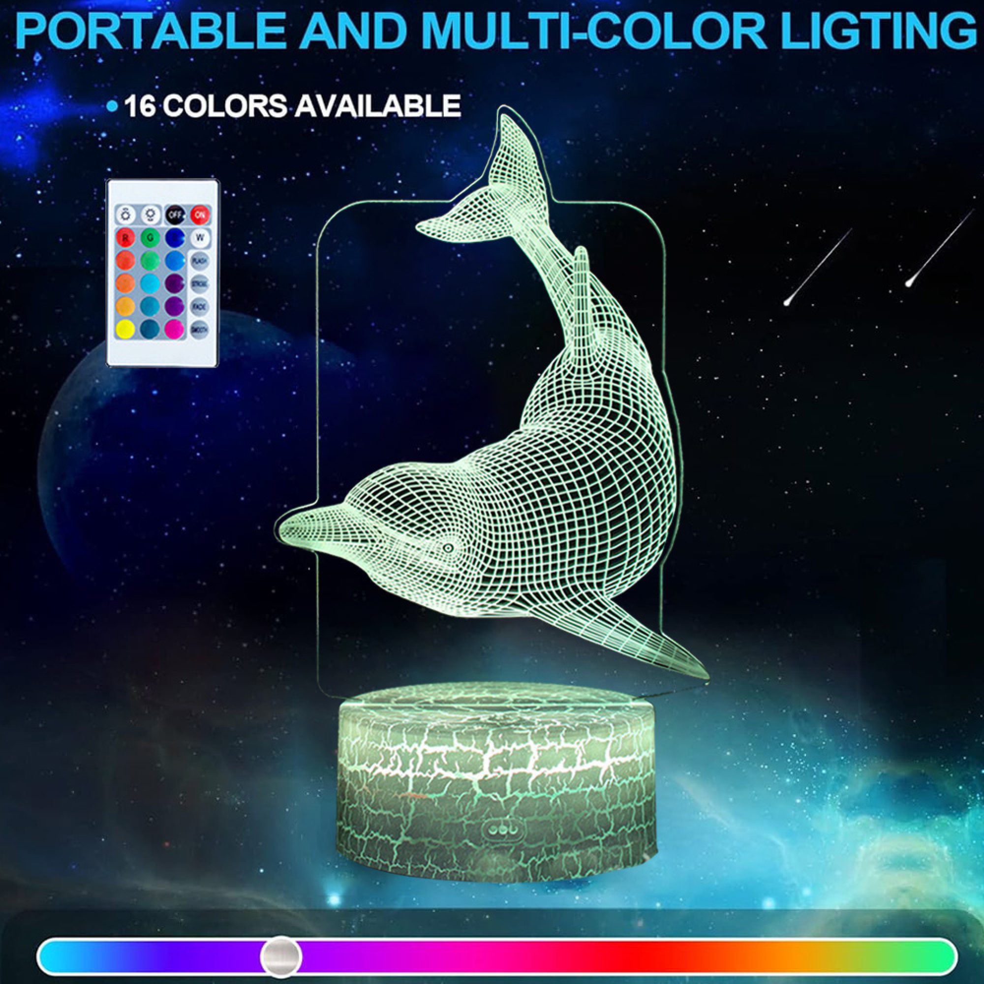 Ein 3D-Nachtlicht in Delfinform mit Fernbedienung und Farbdisplay.
