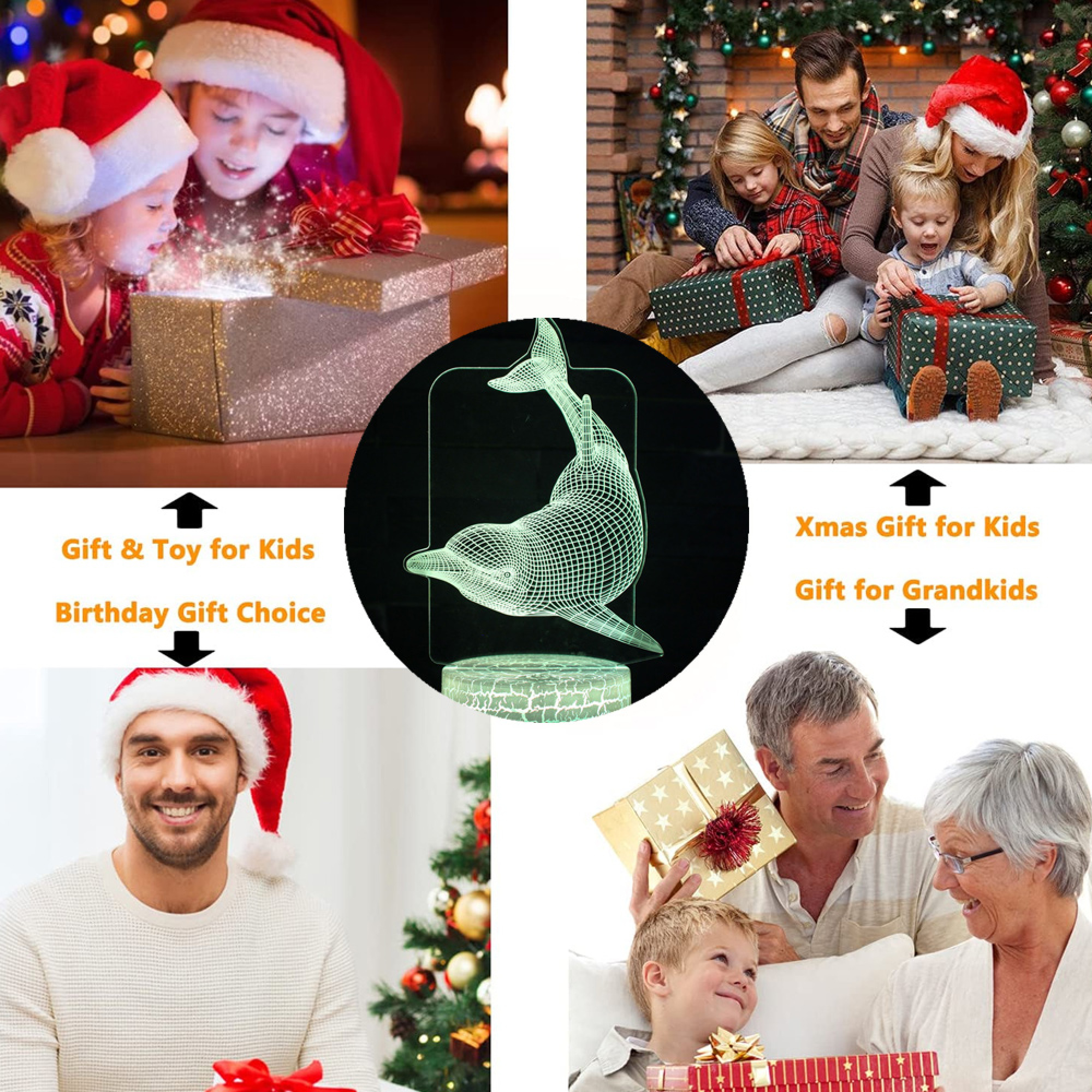 Kinder öffnen Geschenke, ein Delfin-Nachtlicht und eine Familie.