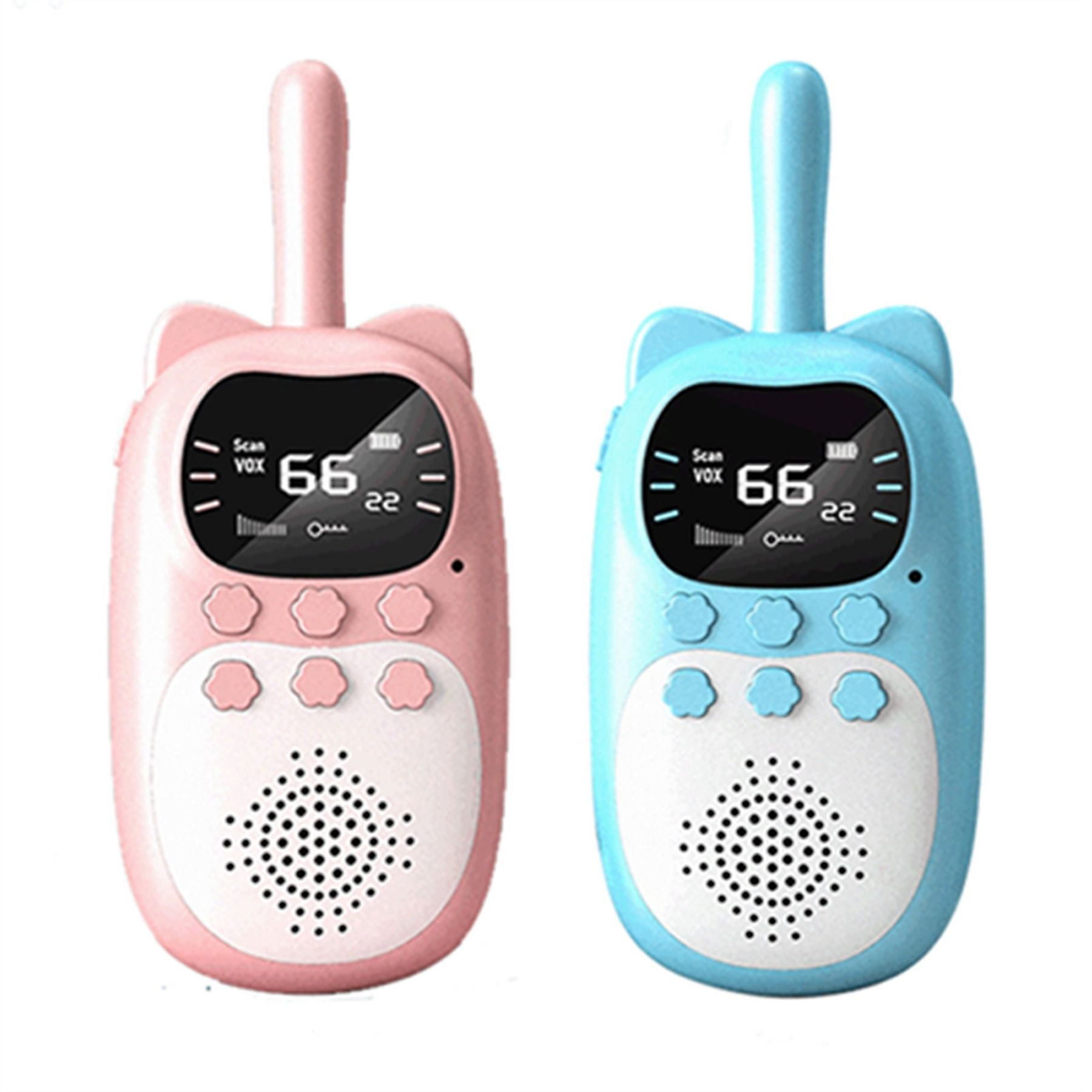 Zwei niedliche Walkie-Talkies in Katzenform, eins rosa, eins blau, mit Displays.