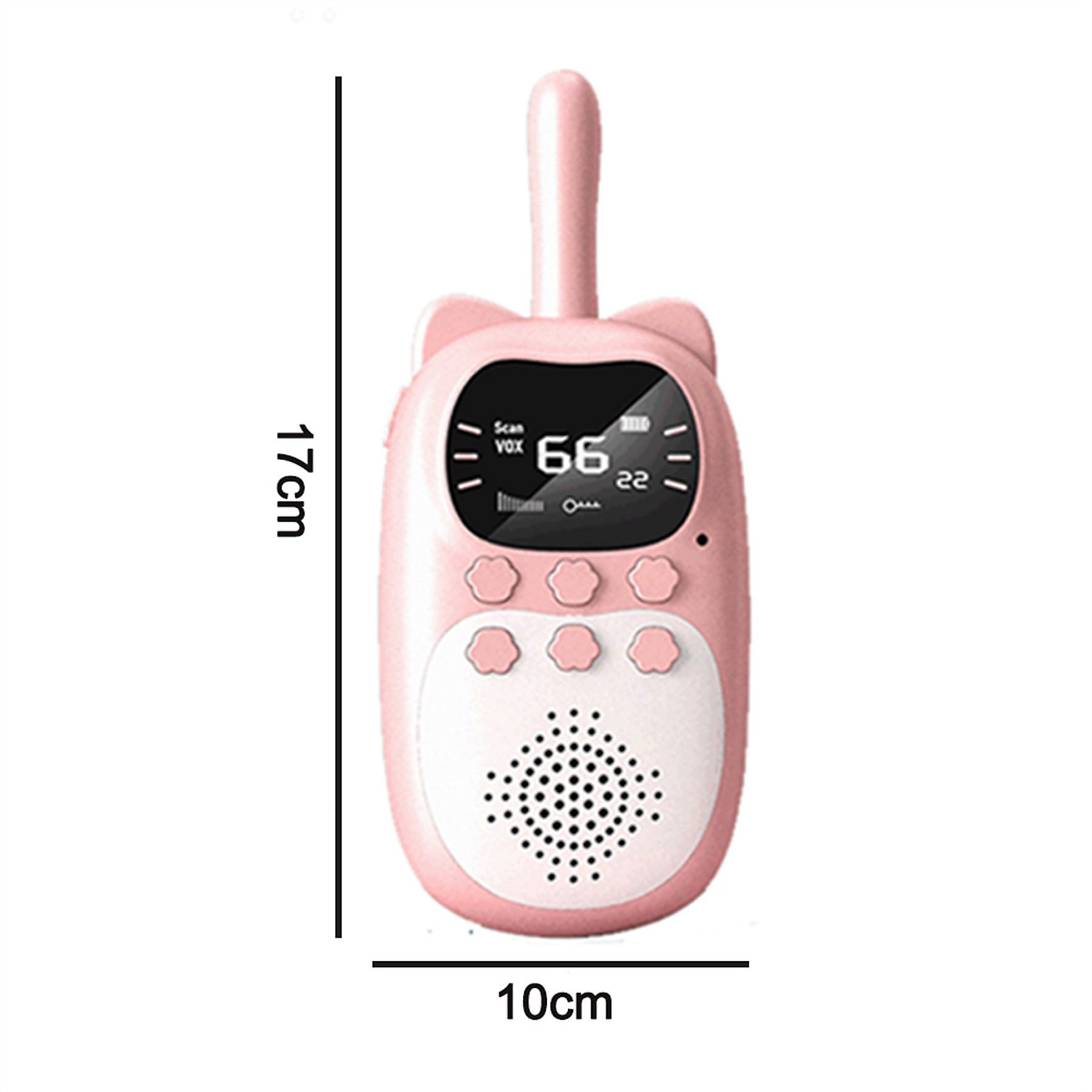 Ein rosafarbener Katzen-Walkie-Talkie mit Bildschirm, Tasten und Lautsprecher.