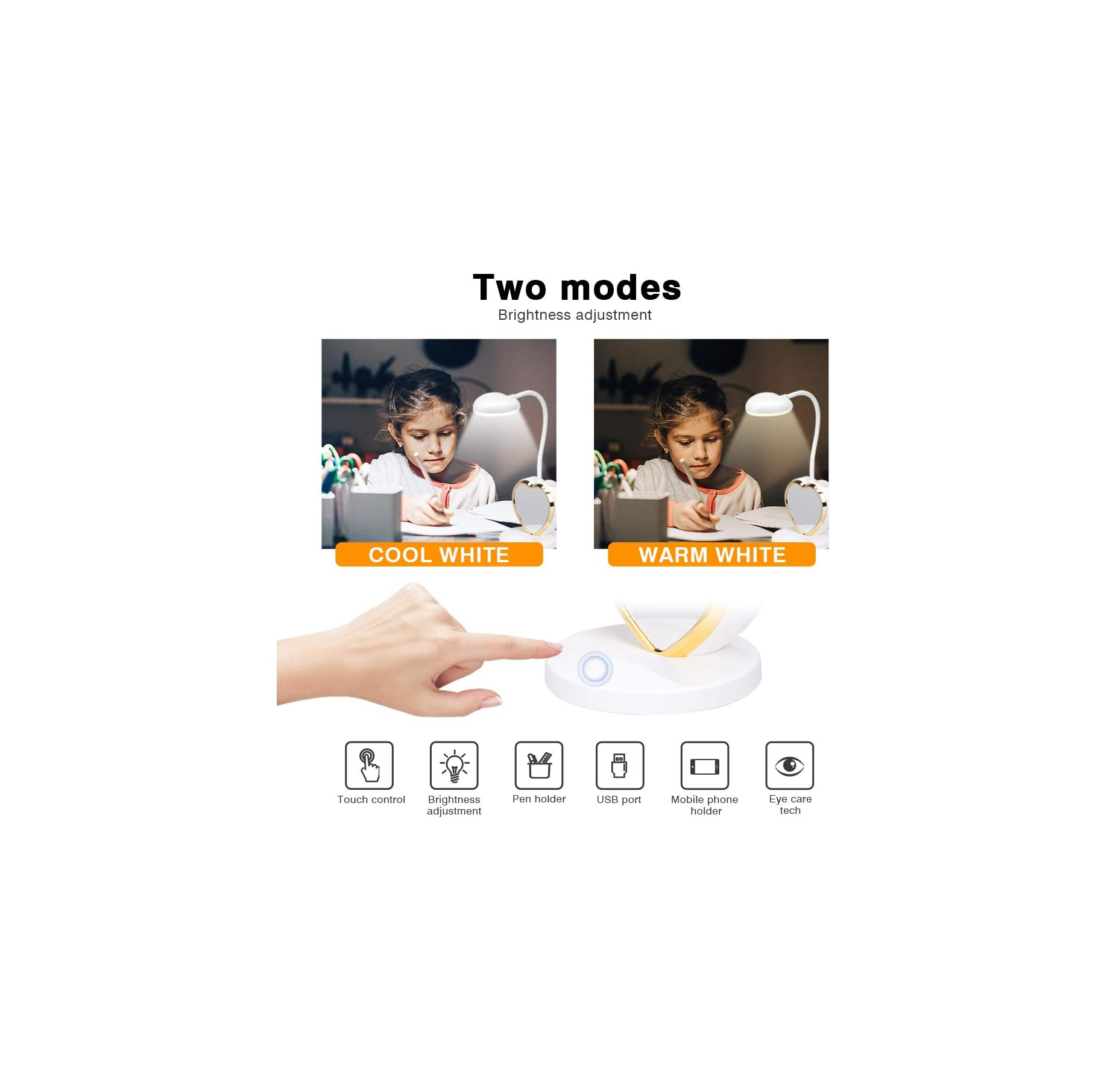 Ein Tischlampen-Display mit zwei Modi: Cool White und Warm White, mit Icons für Touch-Steuerung, Helligkeit, Stifthalter, USB und Handyhalter.