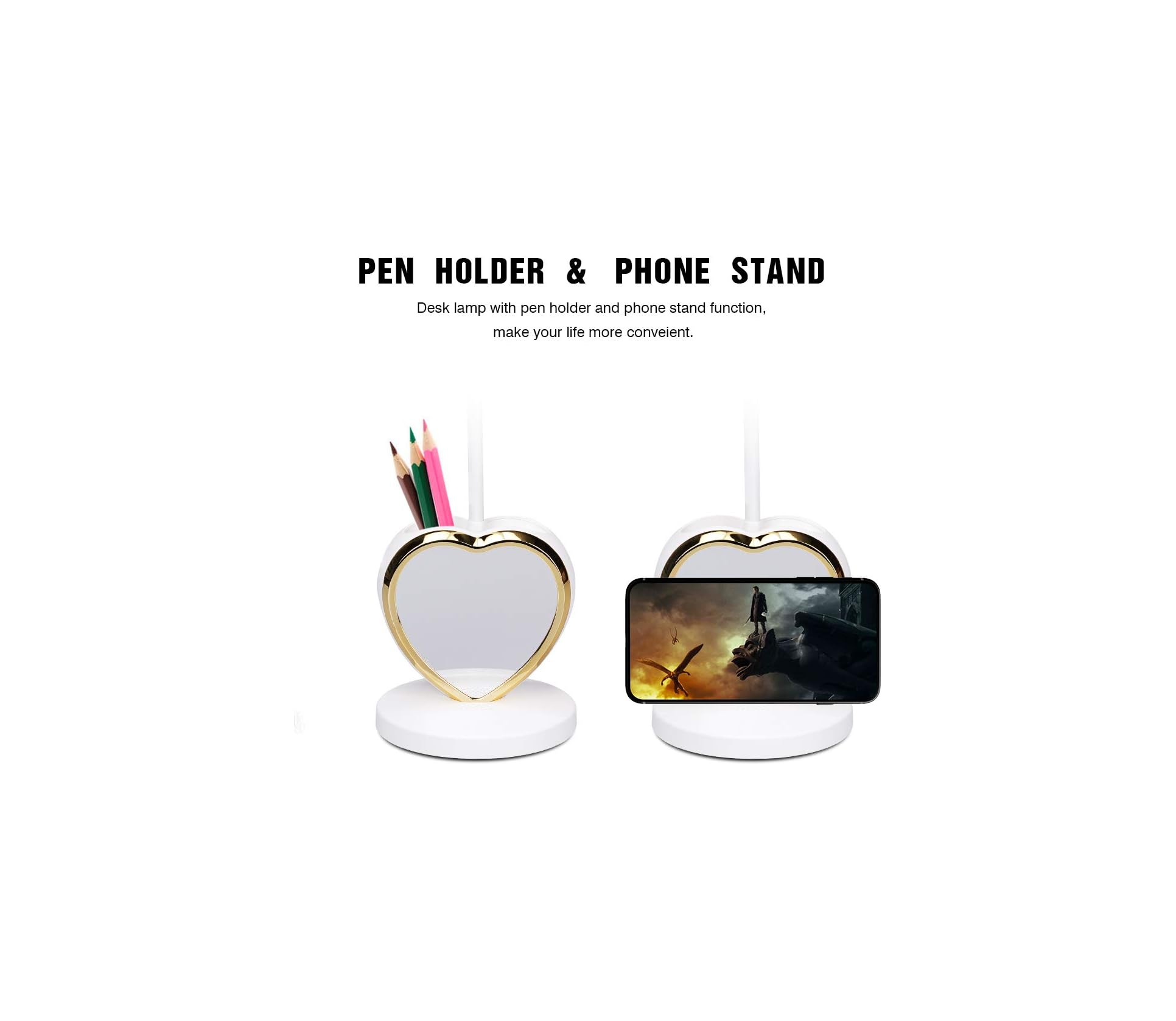 Ein Herzförmiger Ständer mit Stiften und Handy, goldener Rand.