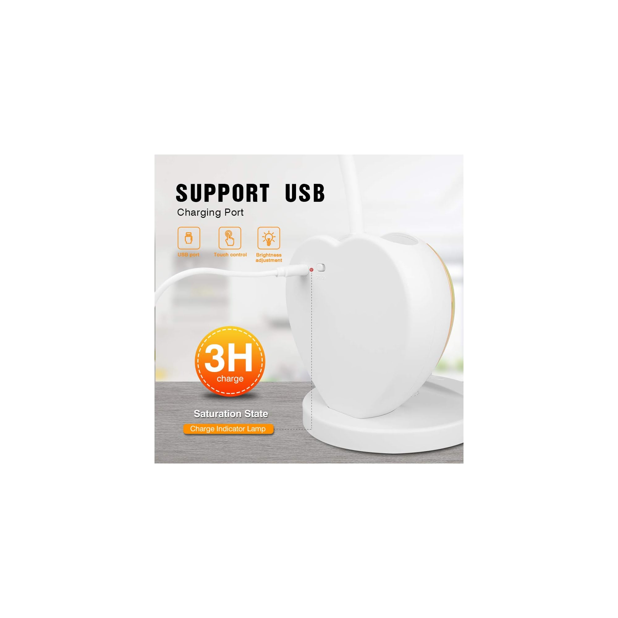 Weiße Lampe mit USB-Anschluss, Touch-Steuerung, Helligkeitsregelung und 3H-Ladeanzeige.
