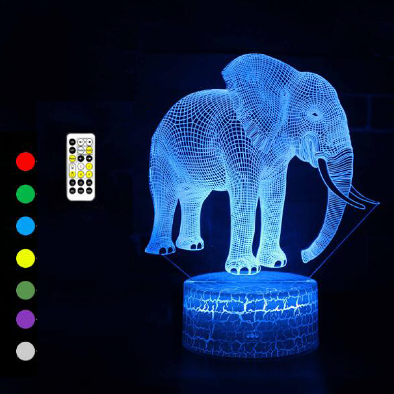 Eine blaue Elefantenlampe mit Fernbedienung und Farboptionen auf schwarzem Hintergrund.