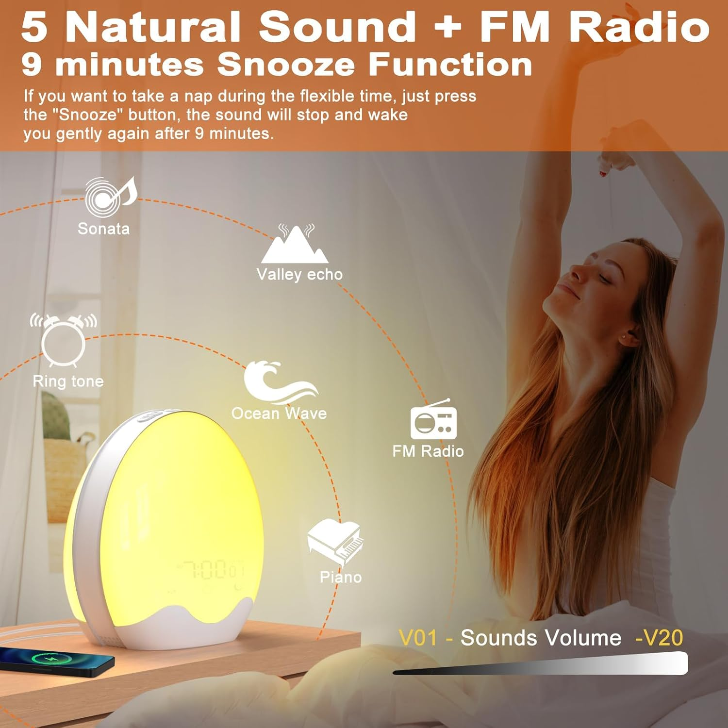 Ein wecker mit 5 Naturgeräuschen, UKW-Radio, Schlummertaste und Licht.