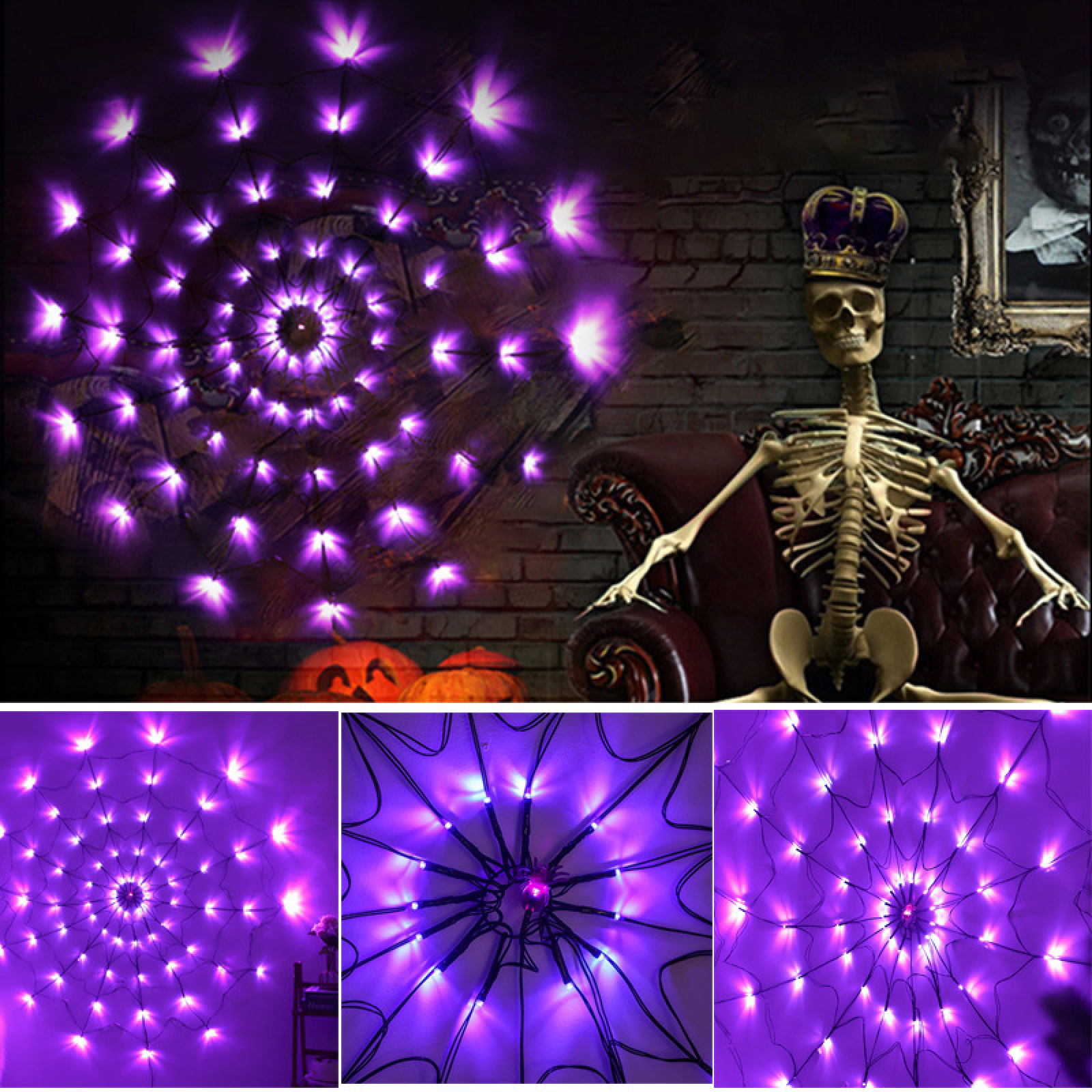 Skelett mit Krone auf Sofa, Spinnennetz-Lichterkette, Kürbisse