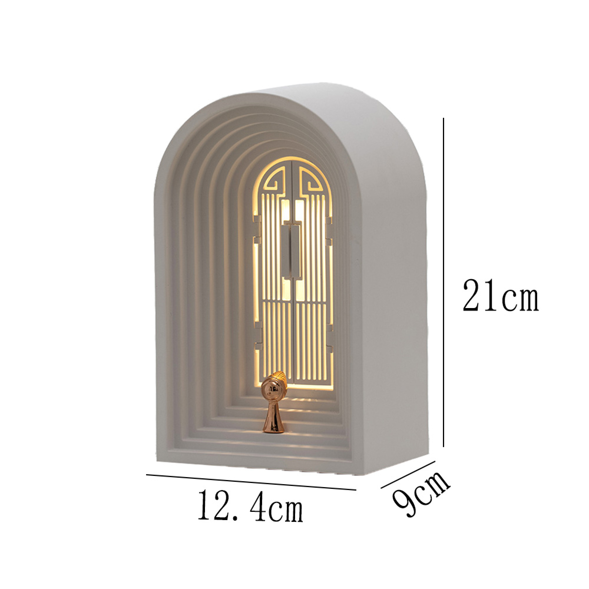 Ein weißer Bogen mit einem goldenen Detail und Maßen.