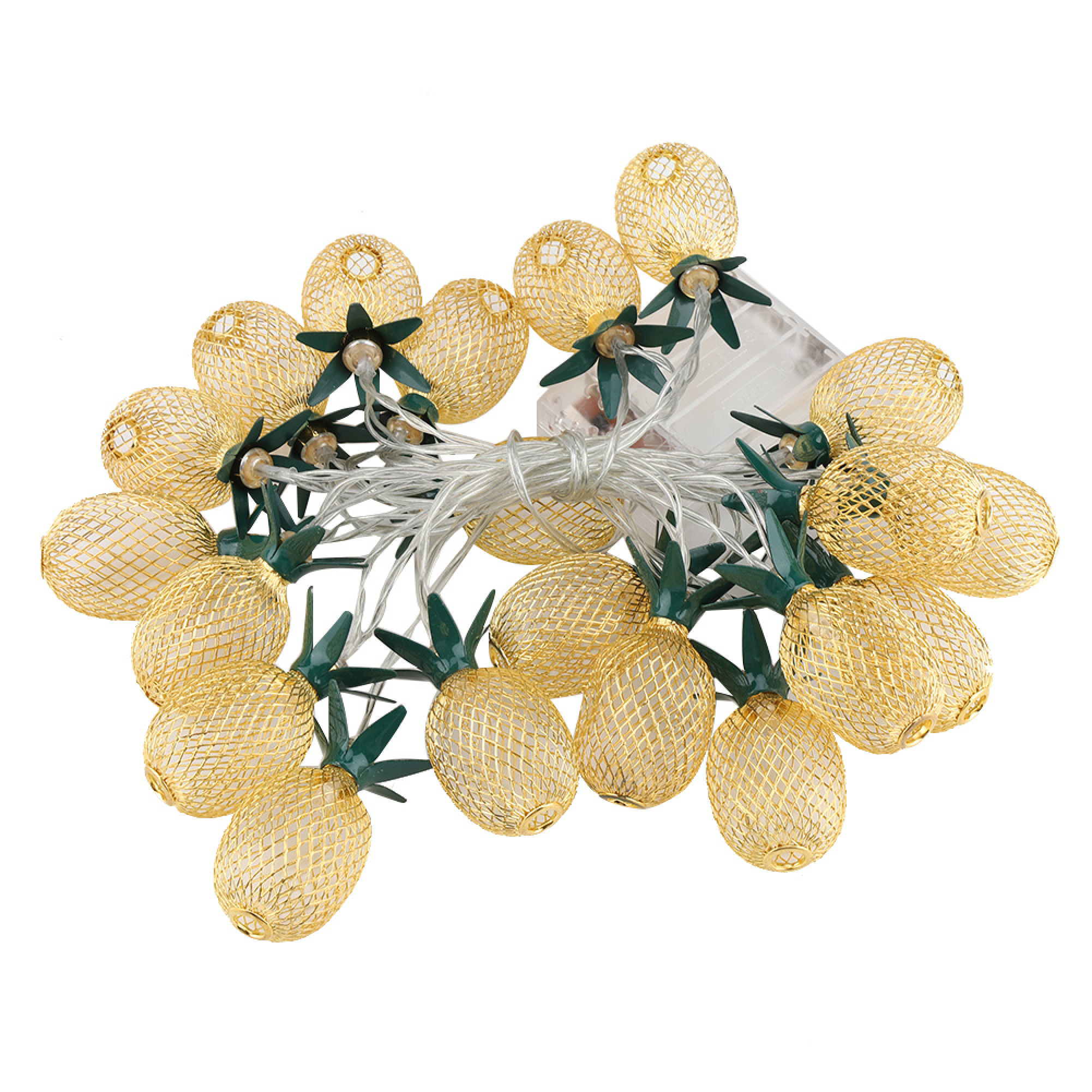 Goldene Lichterketten in Ananasform mit grünen Blättern, auf weißem Hintergrund.