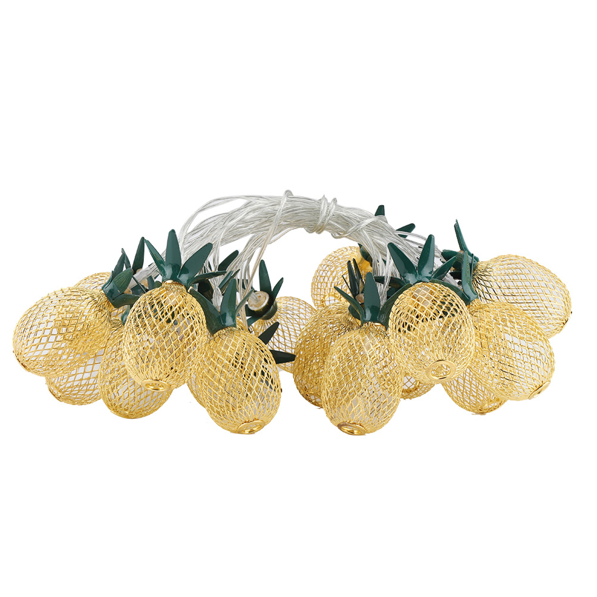 Goldene Lichterkette in Ananasform mit grünen Blättern, auf weißem Hintergrund.