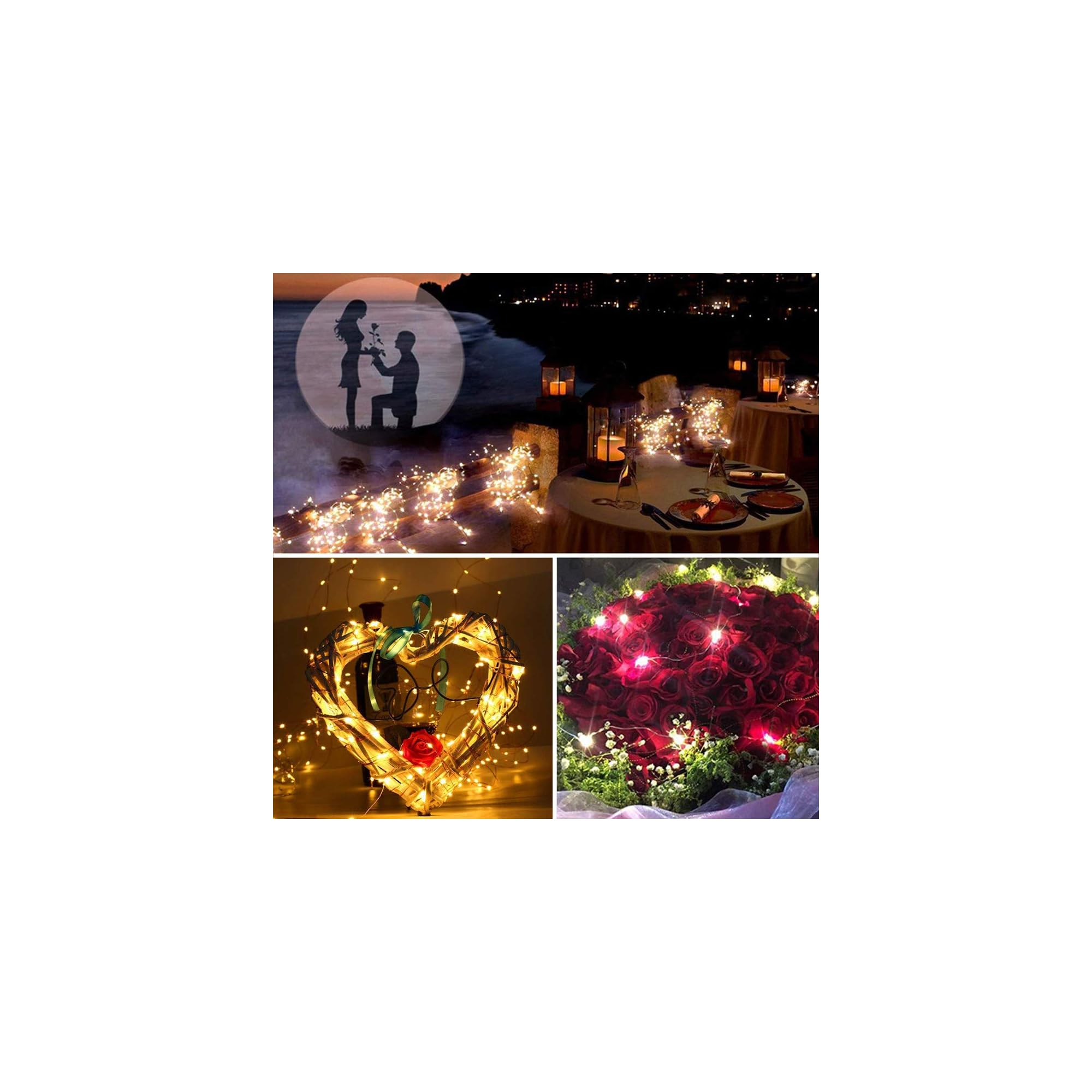 Romantische Szene mit Lichterketten, Kerzen und Rosen.
