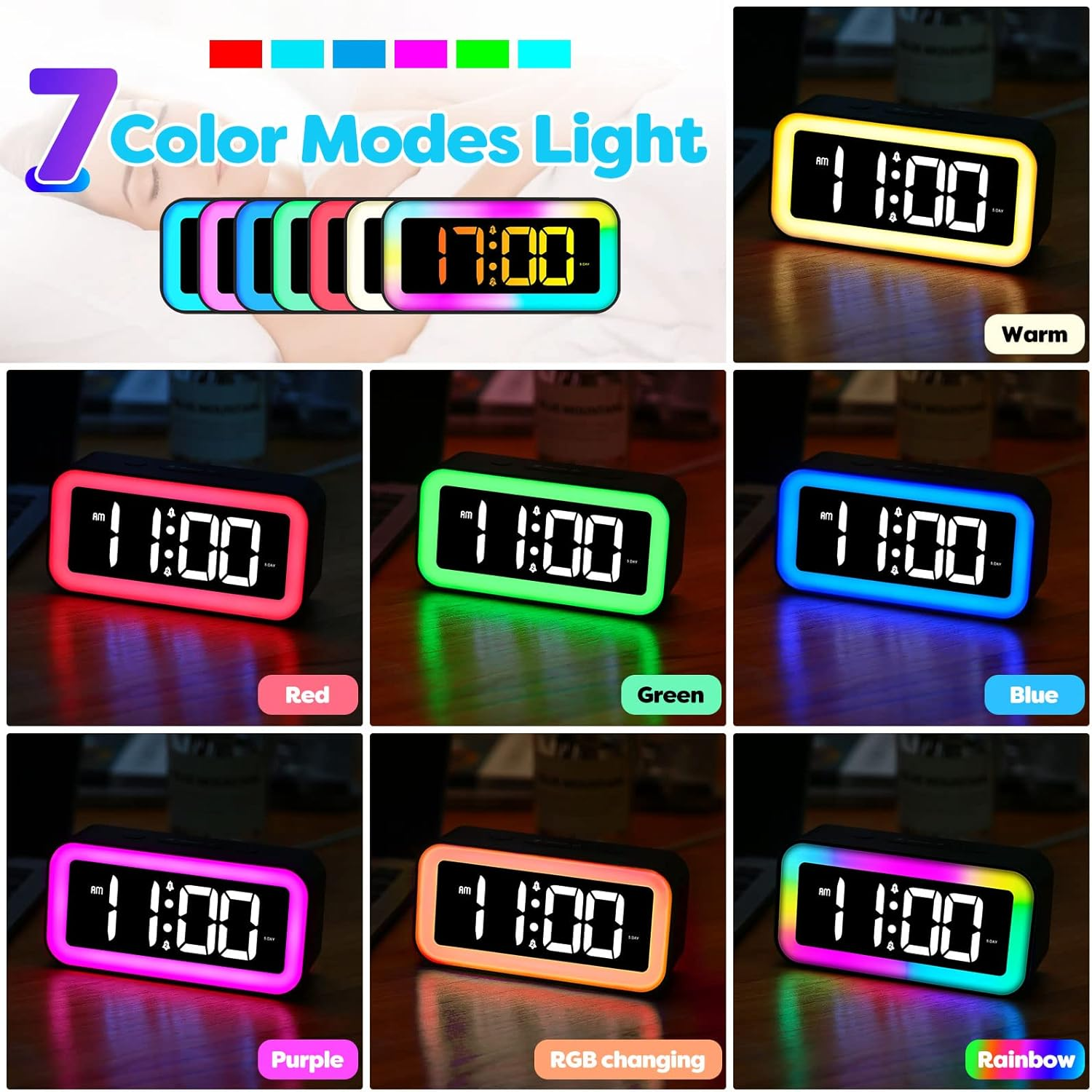 Digitaluhr mit 7 Farbmodi: Rot, Grün, Blau, Lila, Warm, Regenbogen, Farbwechsel.