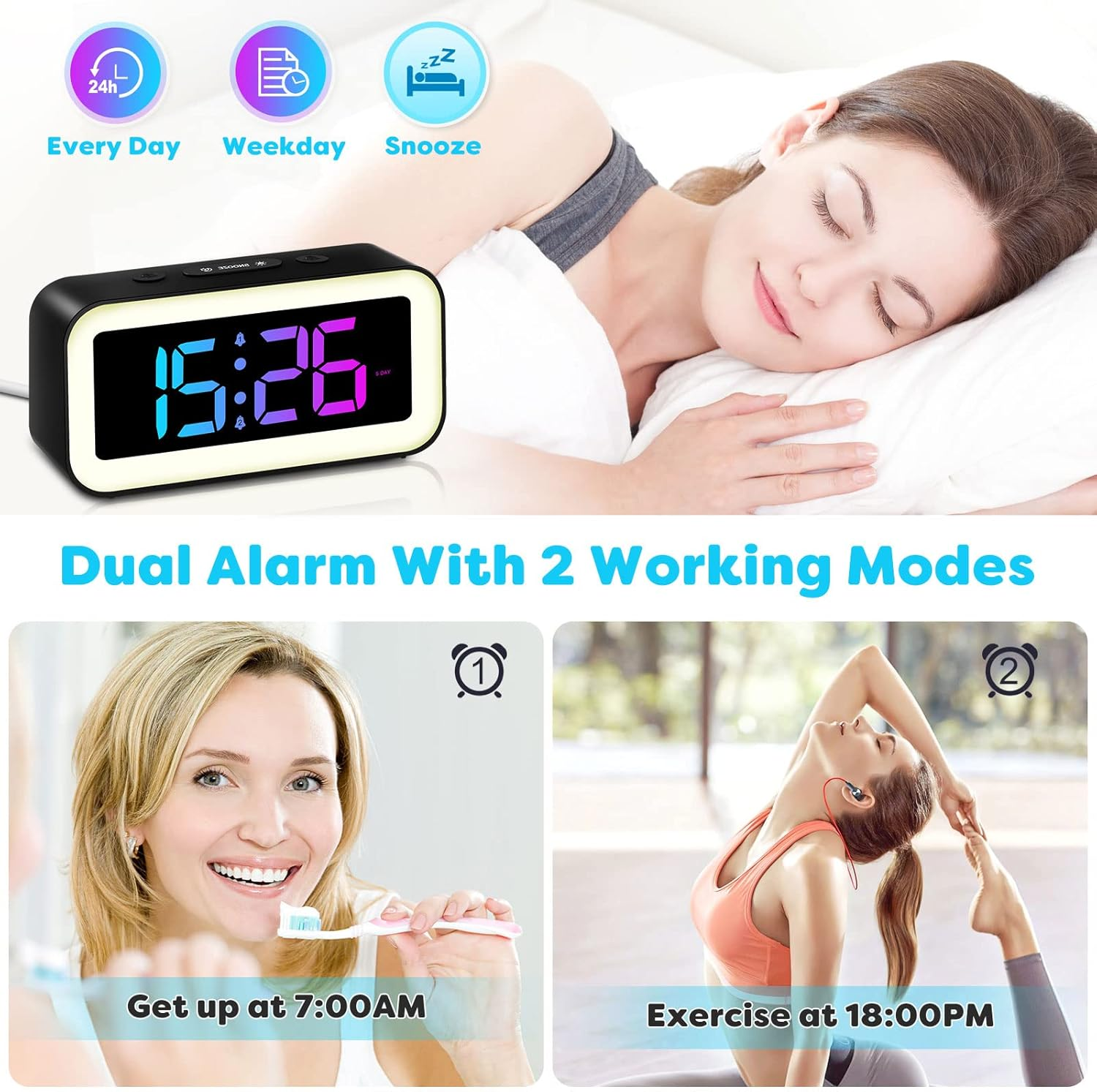 Digitaler Wecker mit 2 Alarmmodi: Aufstehen um 7 Uhr, Sport um 18 Uhr.