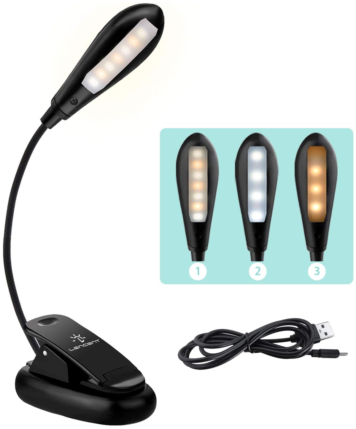 Schwarze Clip-on Leseleuchte mit flexiblem Hals. Zeigt drei Lichtmodi.