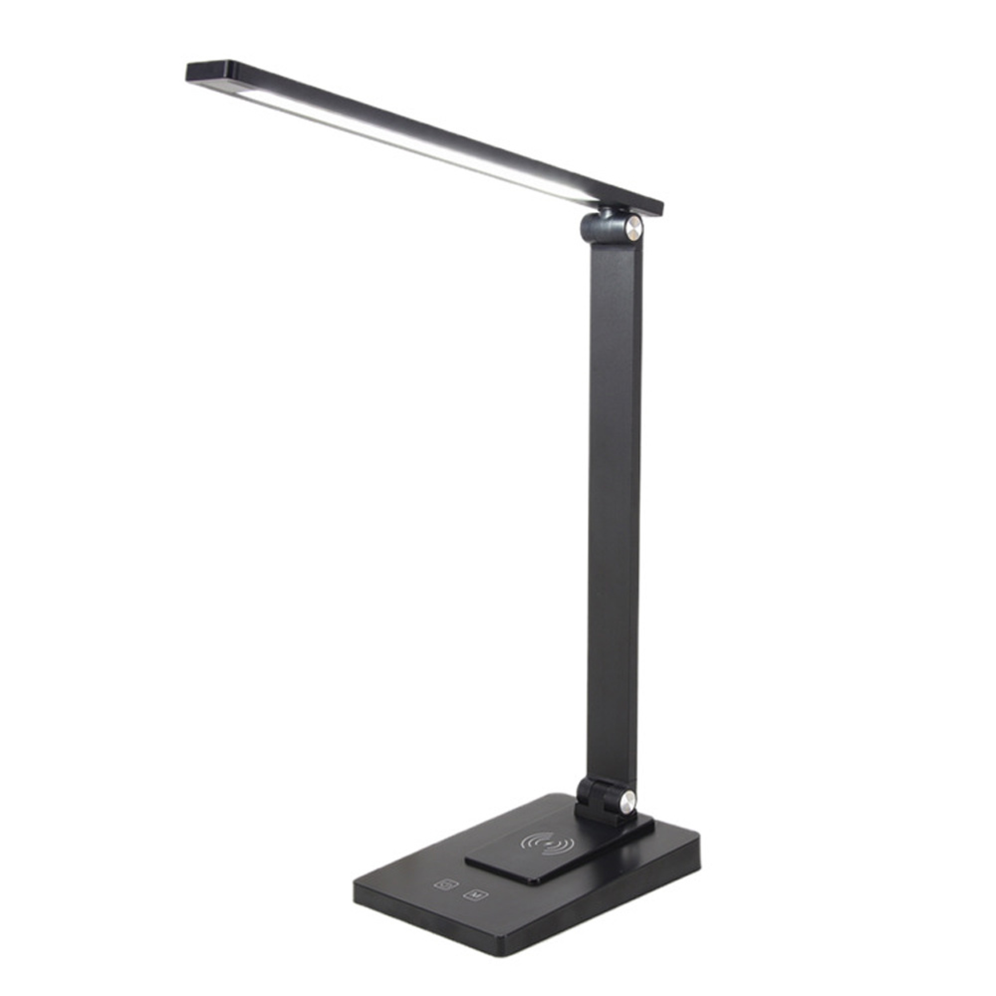 Schwarze LED-Schreibtischlampe mit schwenkbarem Arm und Basis mit Ladefunktion.
