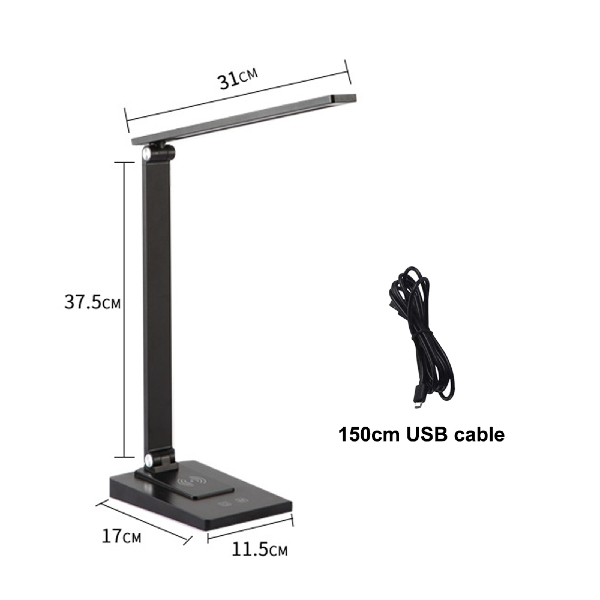 Schwarze Schreibtischlampe mit Maßen und USB-Kabel.