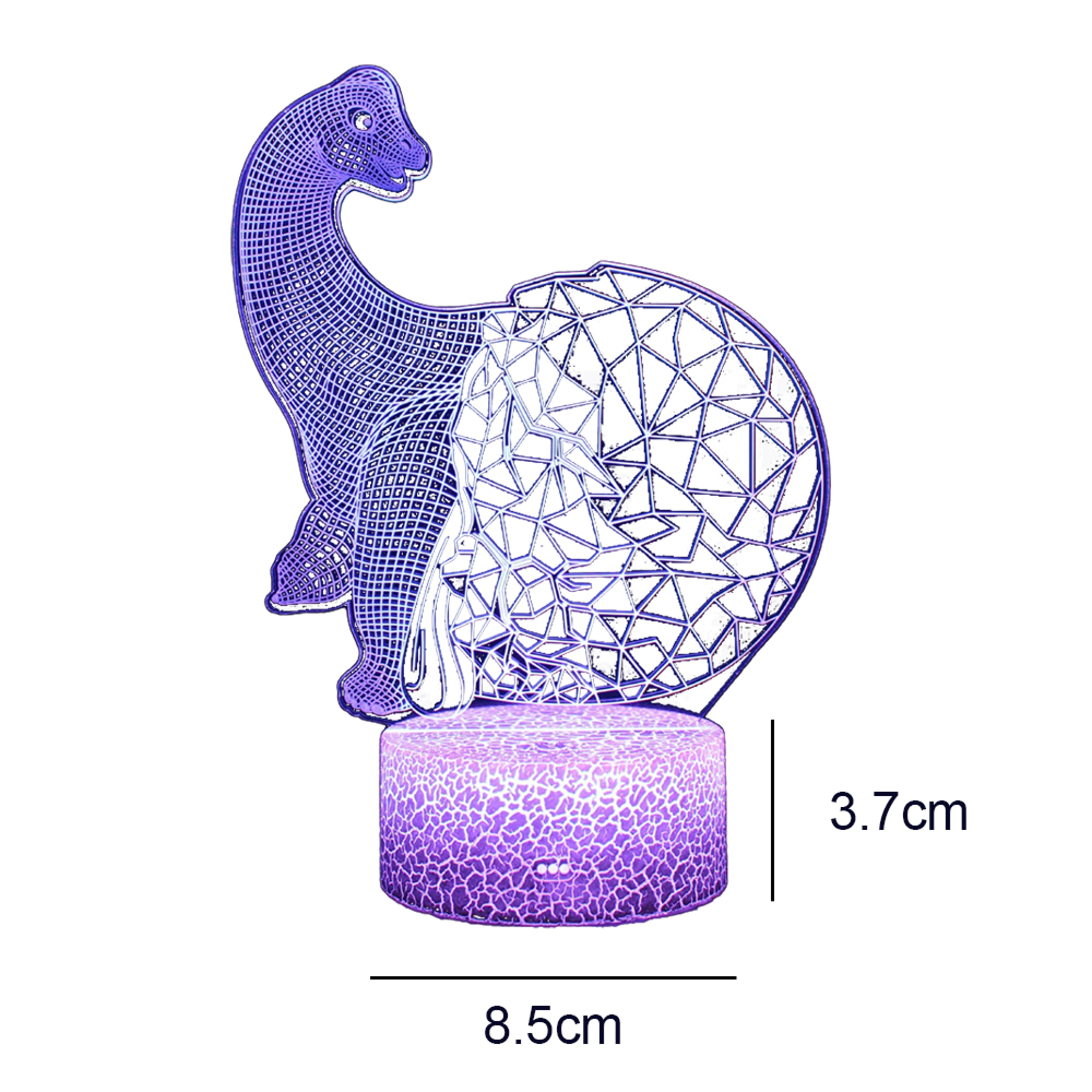 Lila Dinosaurier-Lampe mit geometrischem Muster auf einem Rissmuster-Sockel.
