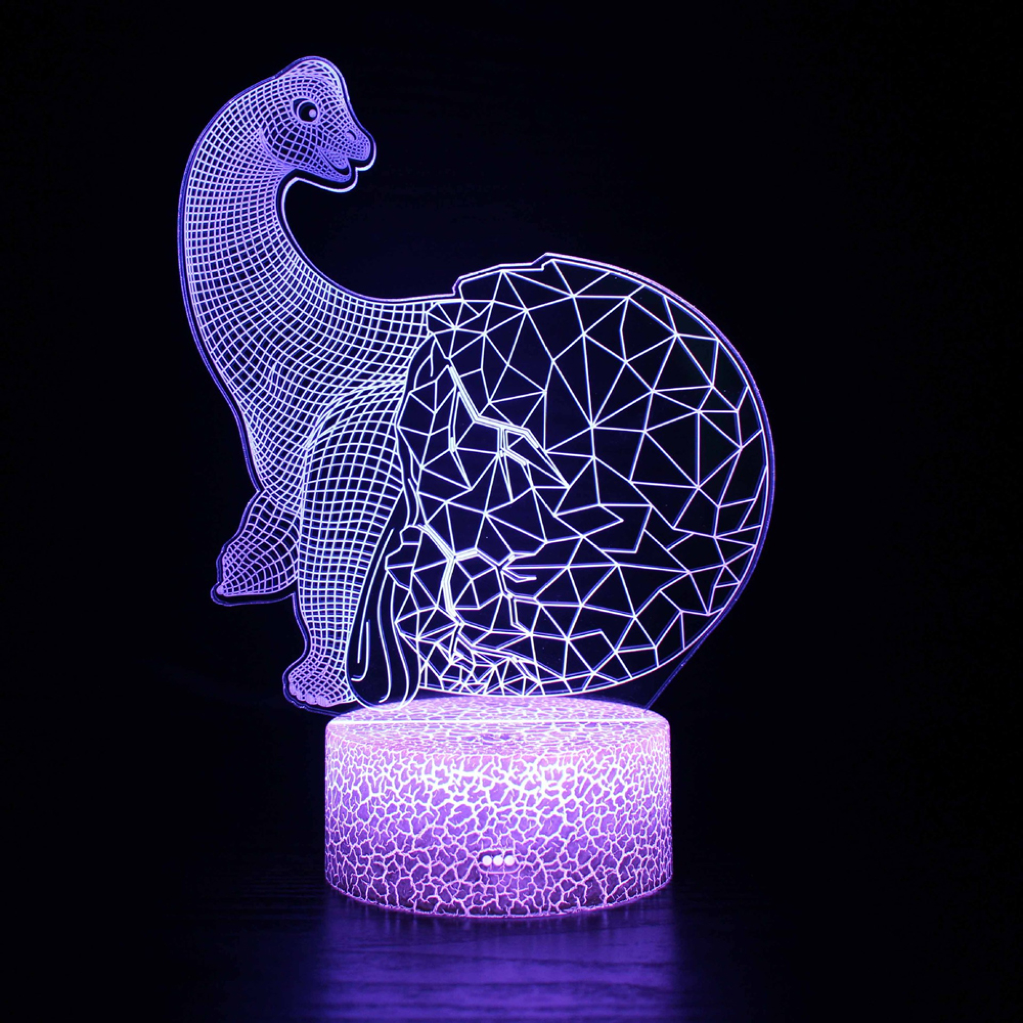 Eine lila 3D-Lampe mit einem Dinosaurier, der aus einem Ei schlüpft.