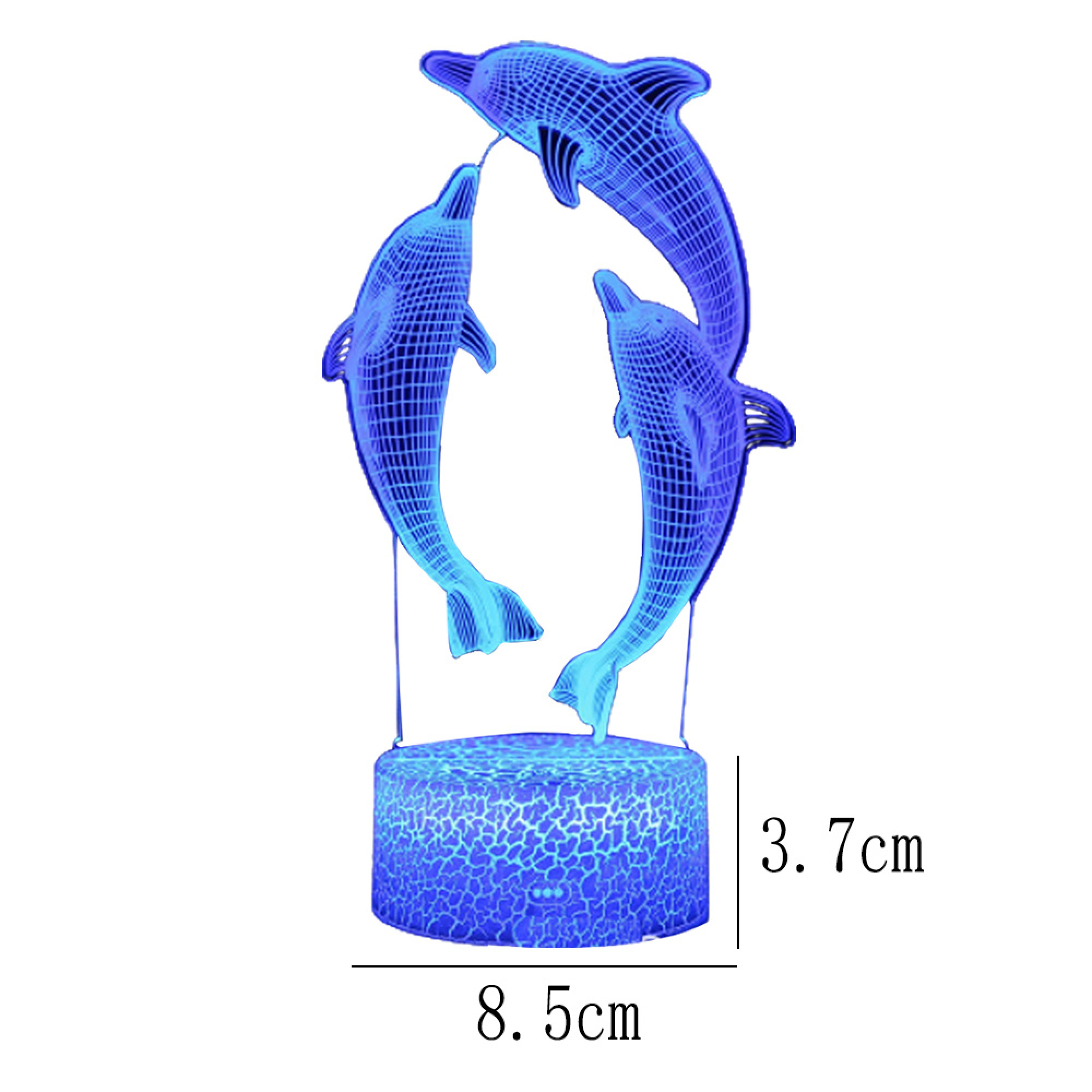 Drei blaue, gitterartige Delfinfiguren auf einer blauen, rissigen Basis.