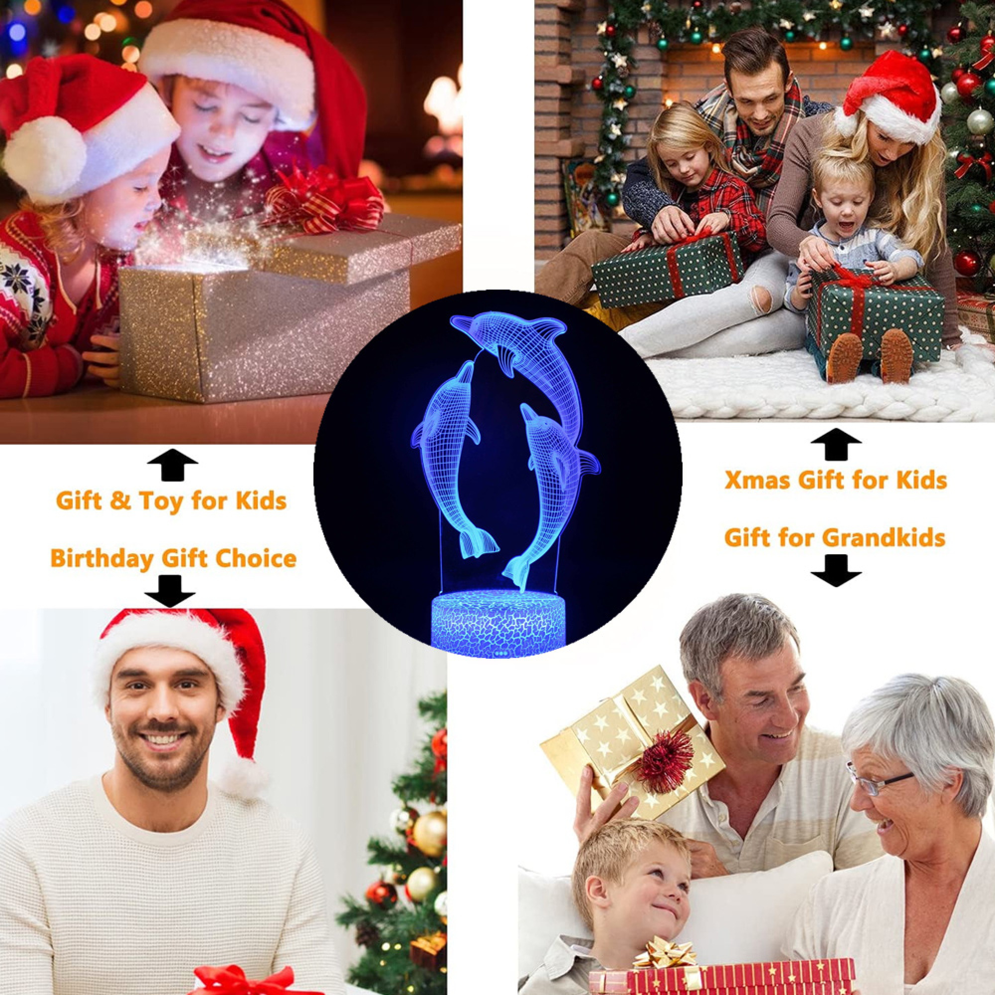 Zwei Kinder öffnen ein Geschenk, ein Mann mit Weihnachtsmütze und ein Mann mit Familie.