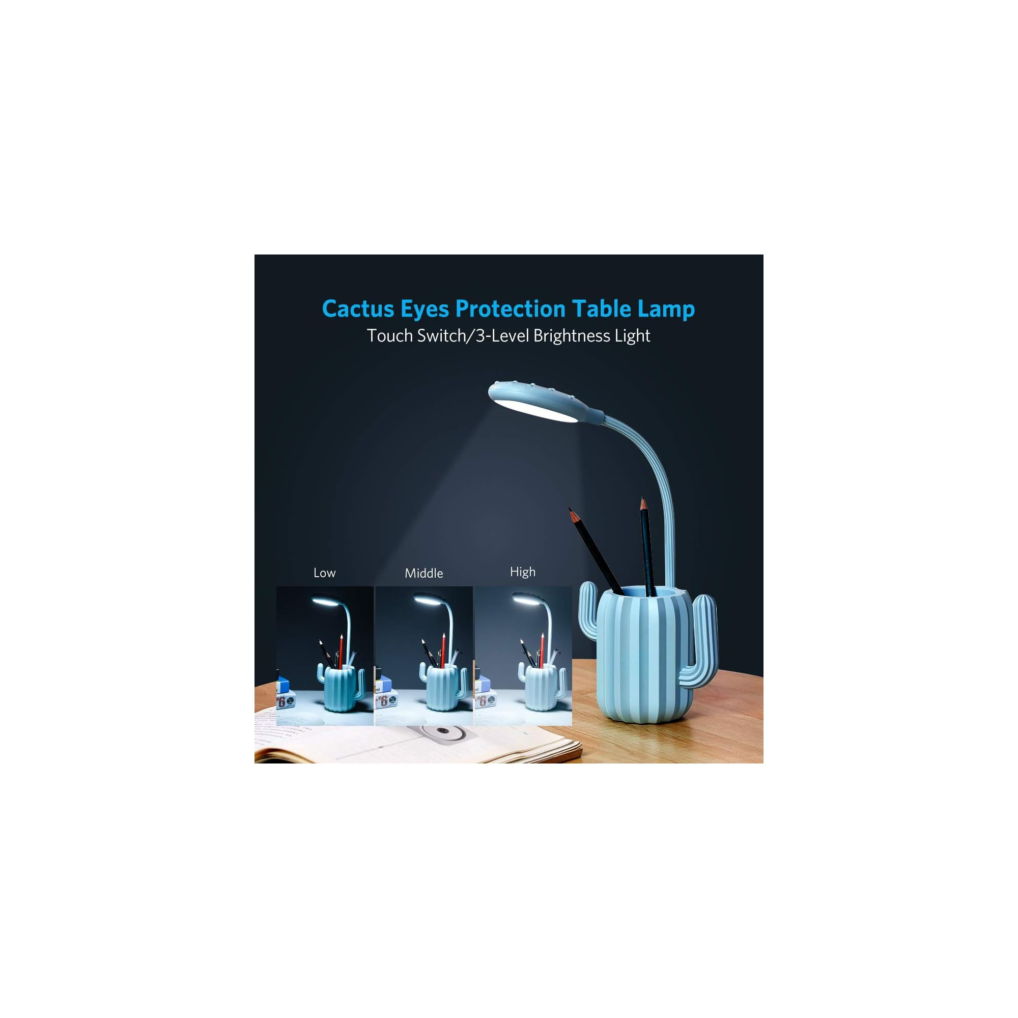 Hellblaue Kaktus-Lampe mit Stiftehalter, zeigt 3 Helligkeitsstufen.