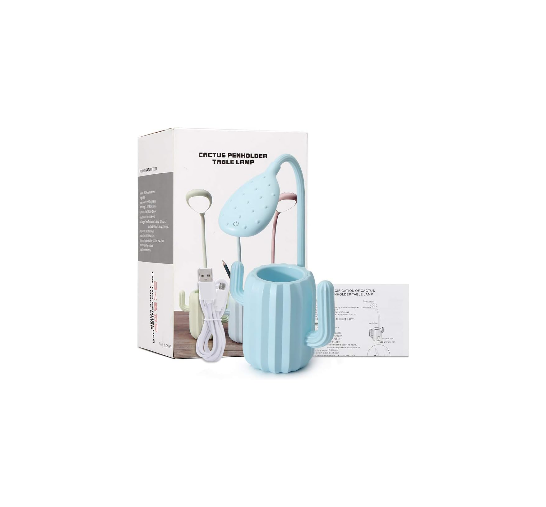 Ein hellblauer Kaktus-Stiftehalter mit Lampe, USB-Kabel und Verpackung.