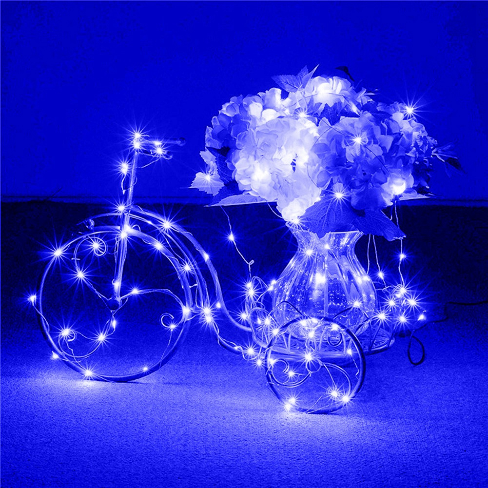 Ein Fahrrad aus Lichterketten mit Blumen in einer Vase, beleuchtet in Blau.