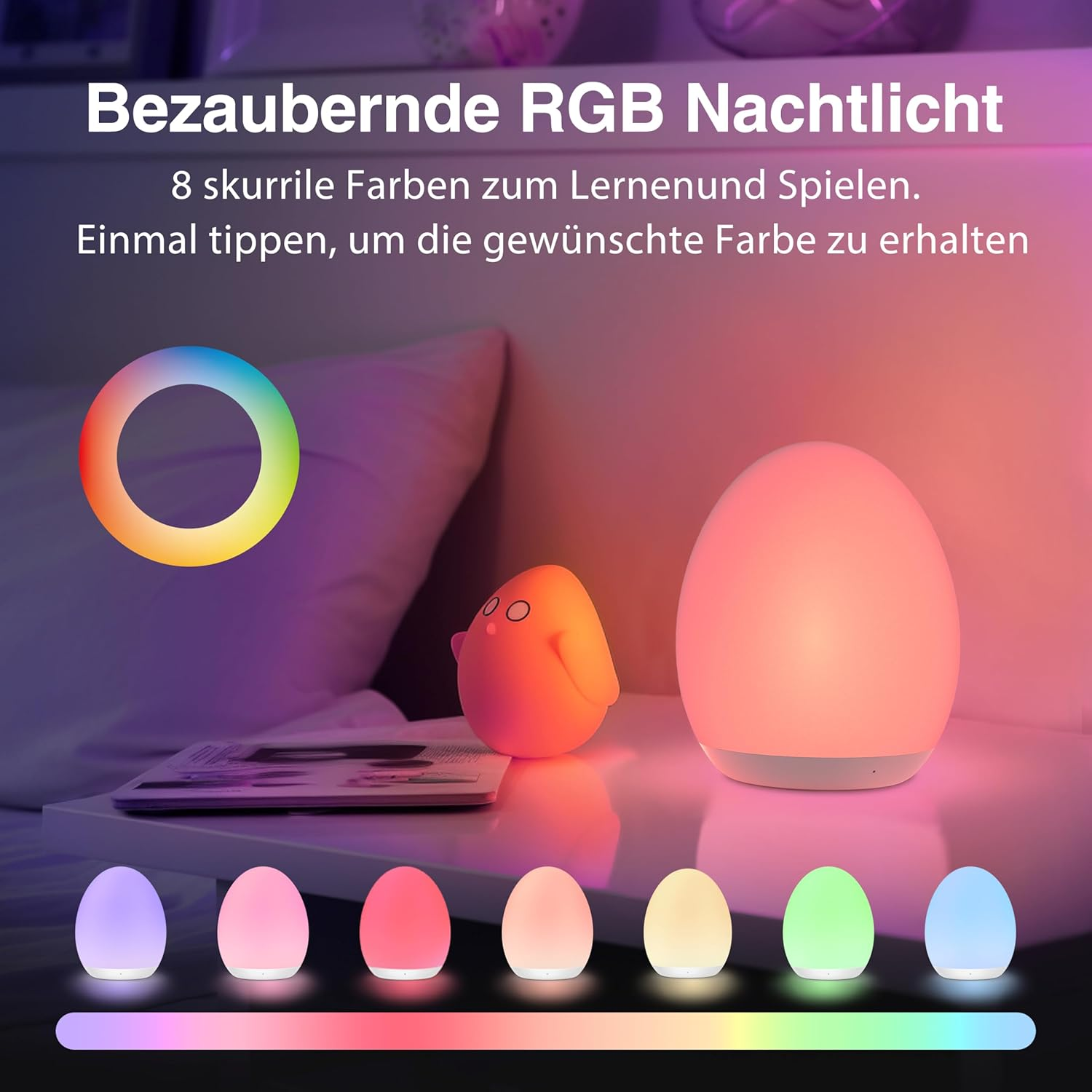 Mehrere bunte Nachtlichter in Ei-Form auf einem Nachttisch.