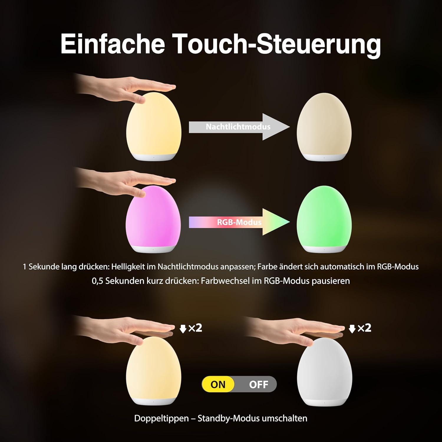 Bedienungsanleitung für eine Eierlampe: Nachtlicht-, RGB-Modus und Standby-Modus.