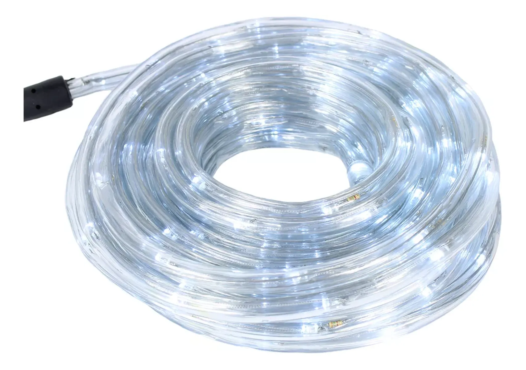 Eine aufgerollte weiße LED-Seilbeleuchtung mit schwarzem Stecker.
