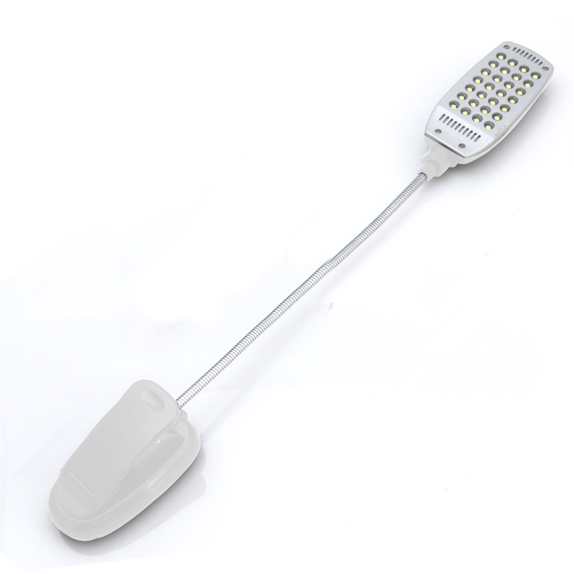 Eine weiße Klemmleuchte mit flexiblem Schwanenhals und 30 LEDs.