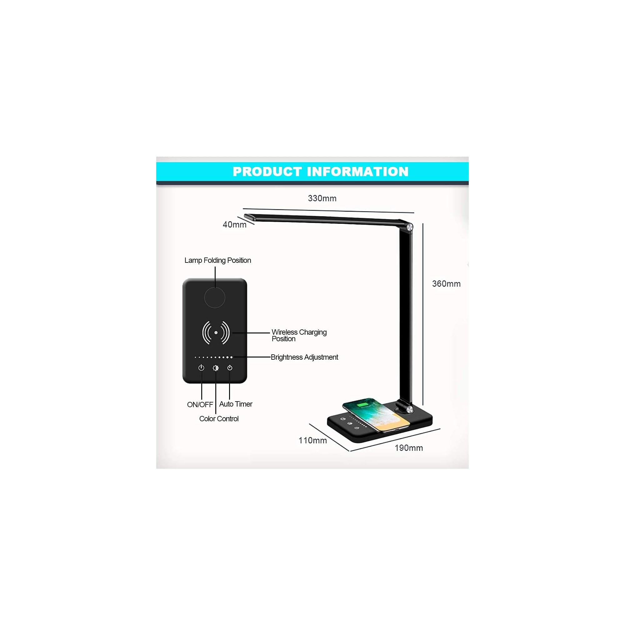 Produktinfo: schwarze Schreibtischlampe mit kabelloser Ladestation.
