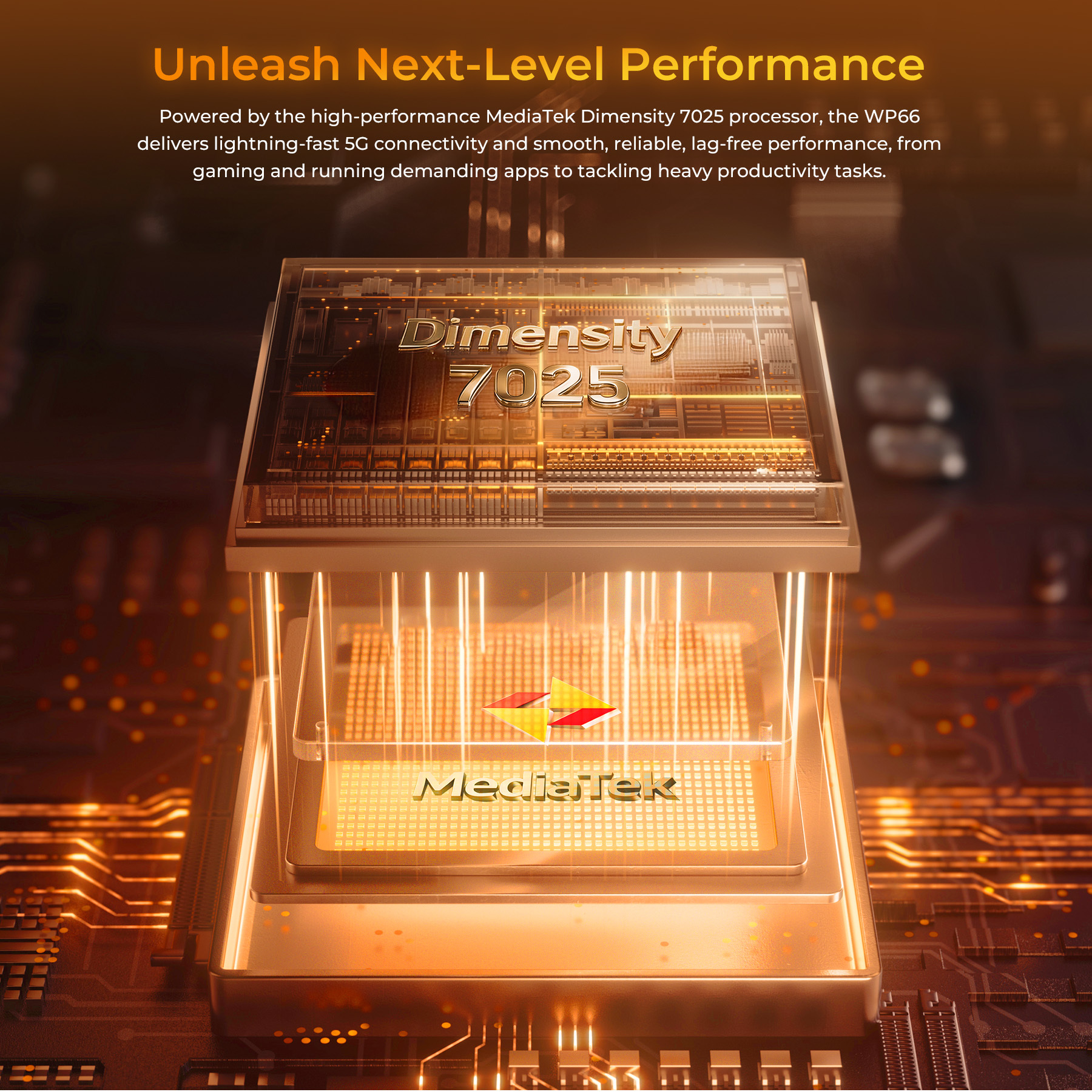 Nahaufnahme eines Mediatek Dimensity 7025 Chips mit leuchtenden Leiterbahnen im Hintergrund.