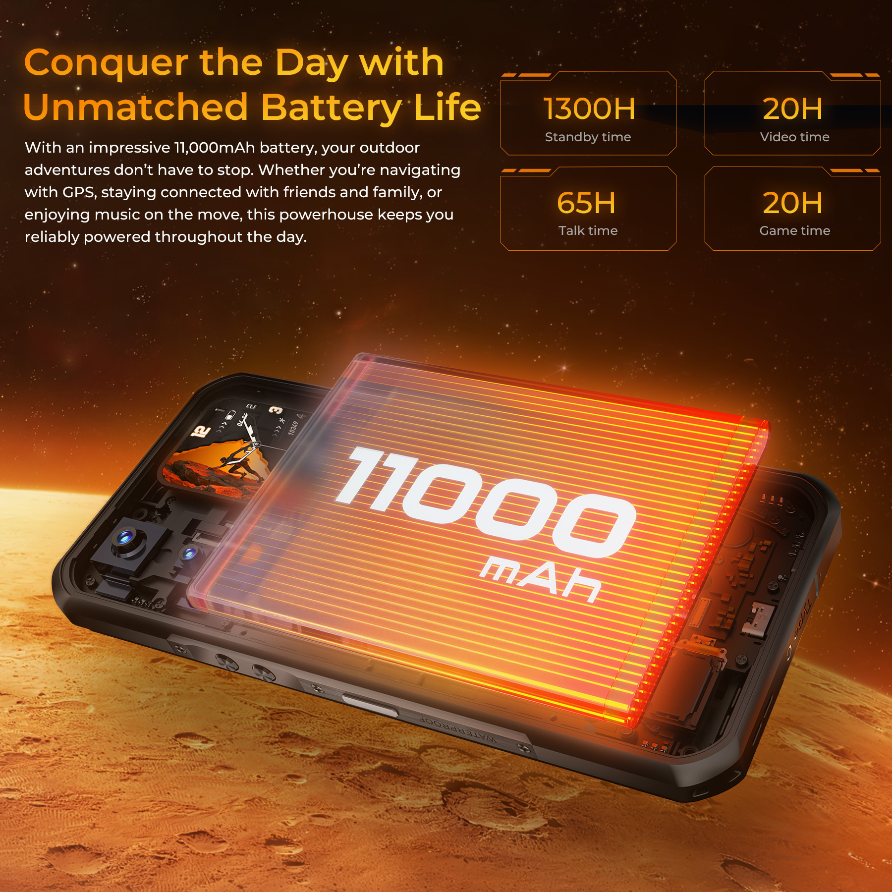 Ein Smartphone mit 11000 mAh Akku wird auf einer Mars-ähnlichen Oberfläche gezeigt.