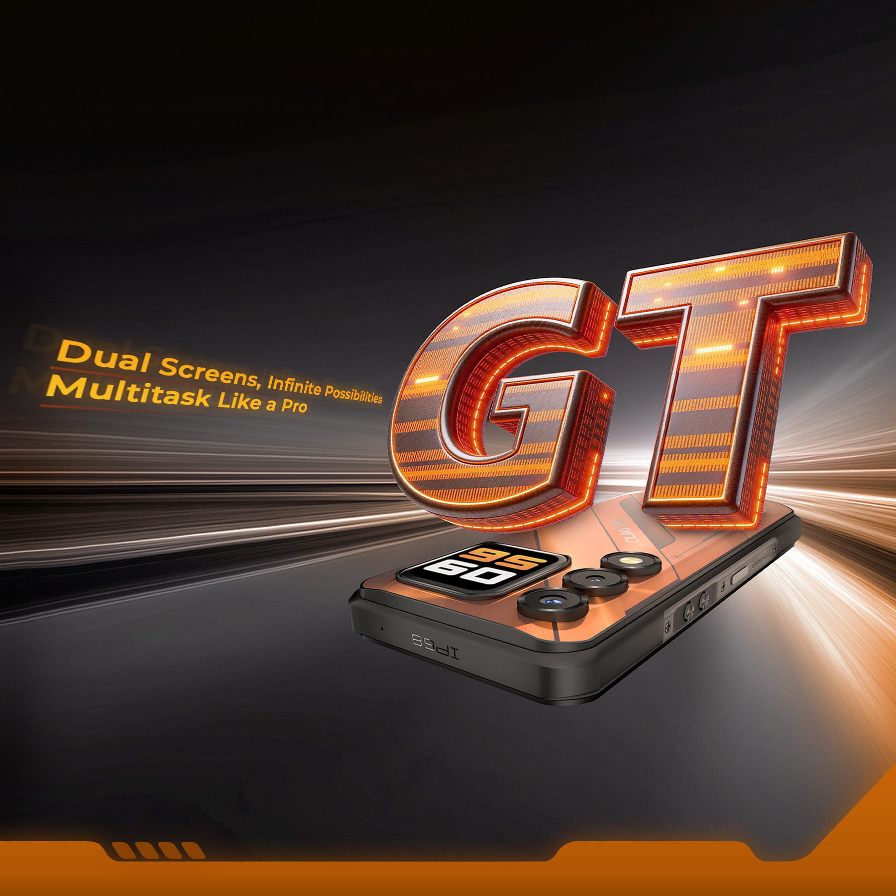 Ein orangefarbenes Smartphone mit der Aufschrift GT, das auf einem dunklen Hintergrund schwebt.