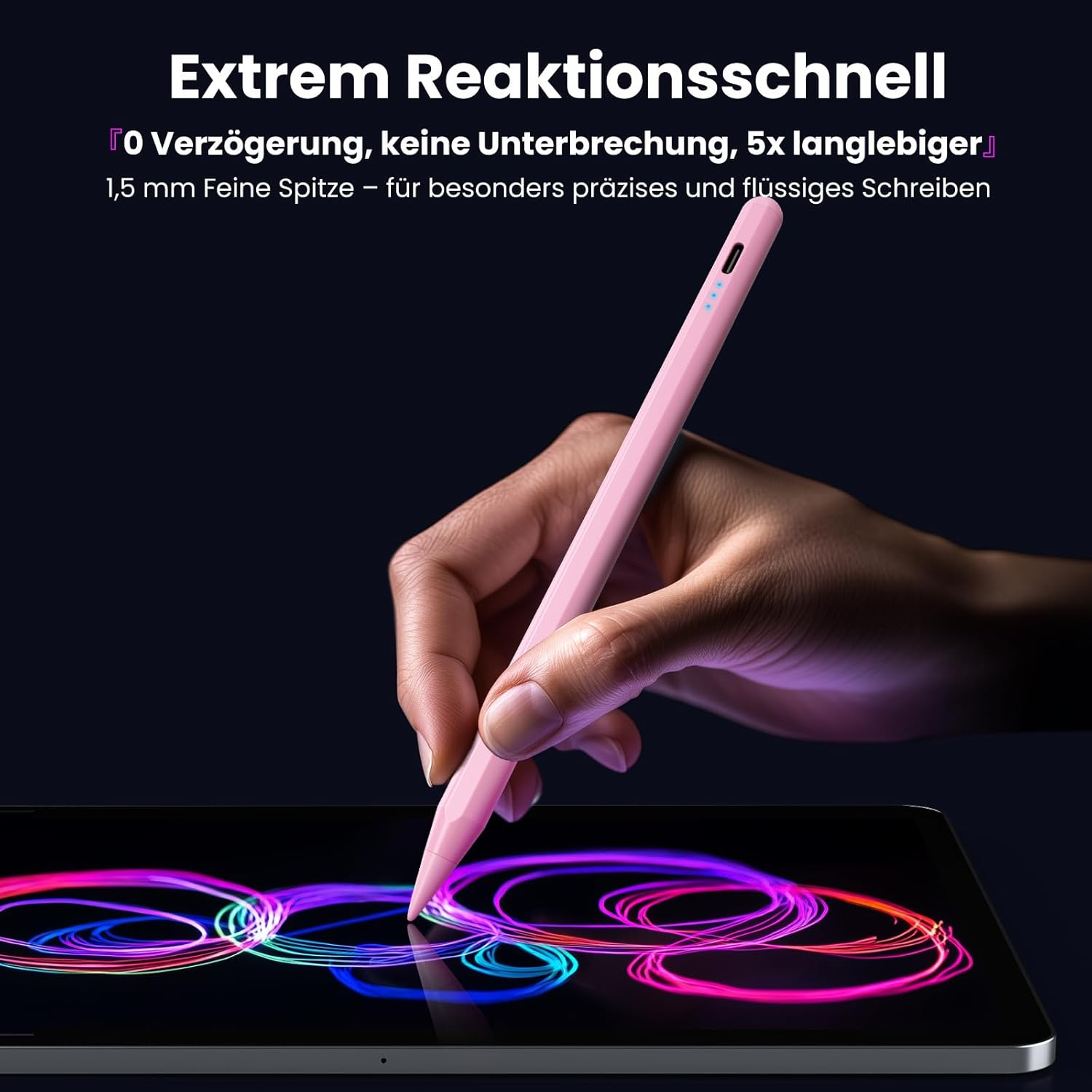 Eine Hand hält einen rosa Stift über einem Tablet, das bunte Linien zeigt.