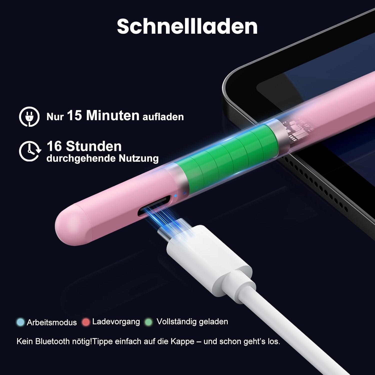 Ein pinker Stift wird mit einem weißen Kabel an ein Tablet angeschlossen. Er zeigt 15 Min. Ladezeit für 16 Std. Nutzung.