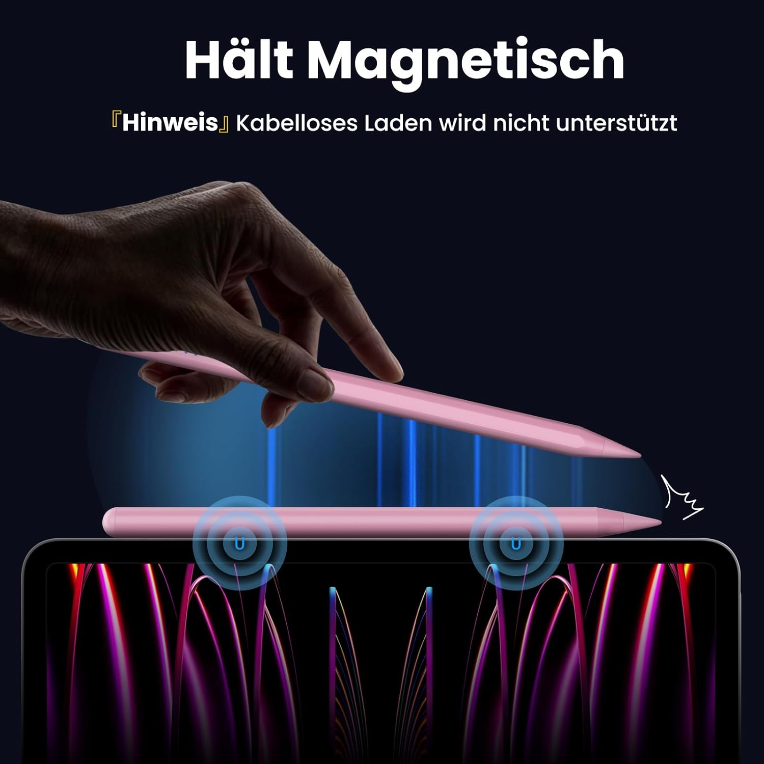 Eine Hand hält einen rosa Stift über einem Tablet, das magnetisch haftet.
